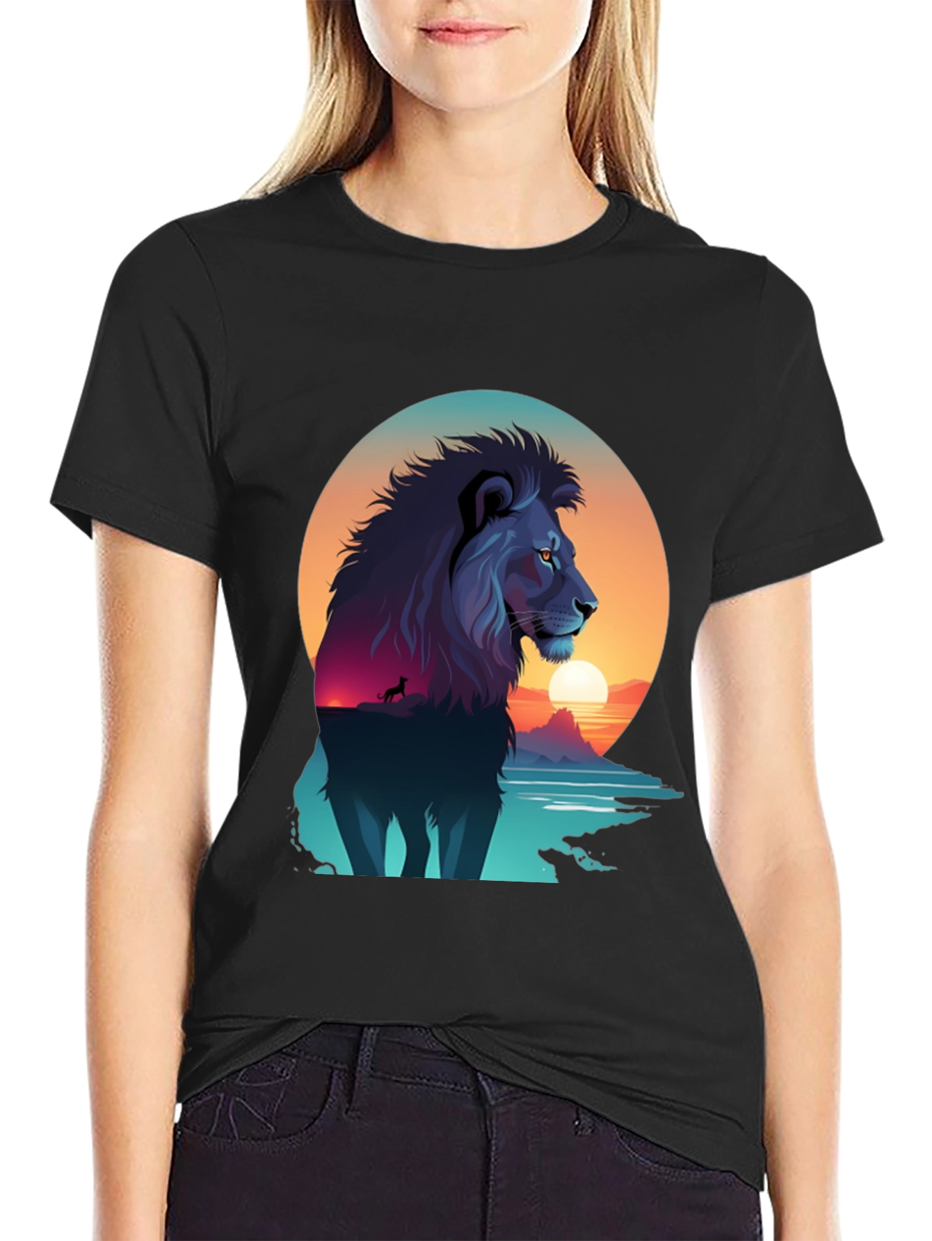 Lion Sunset Graphic Tee - Mens Black T-Shirt