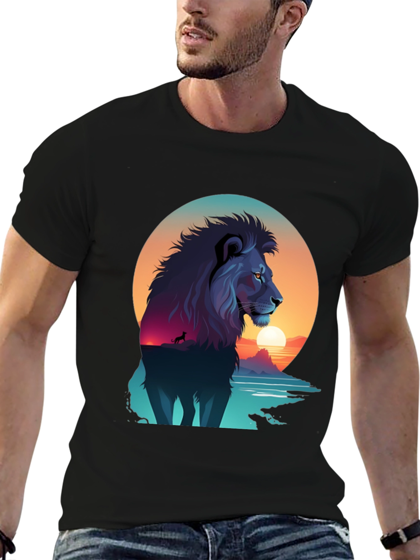 Lion Sunset Graphic Tee - Mens Black T-Shirt