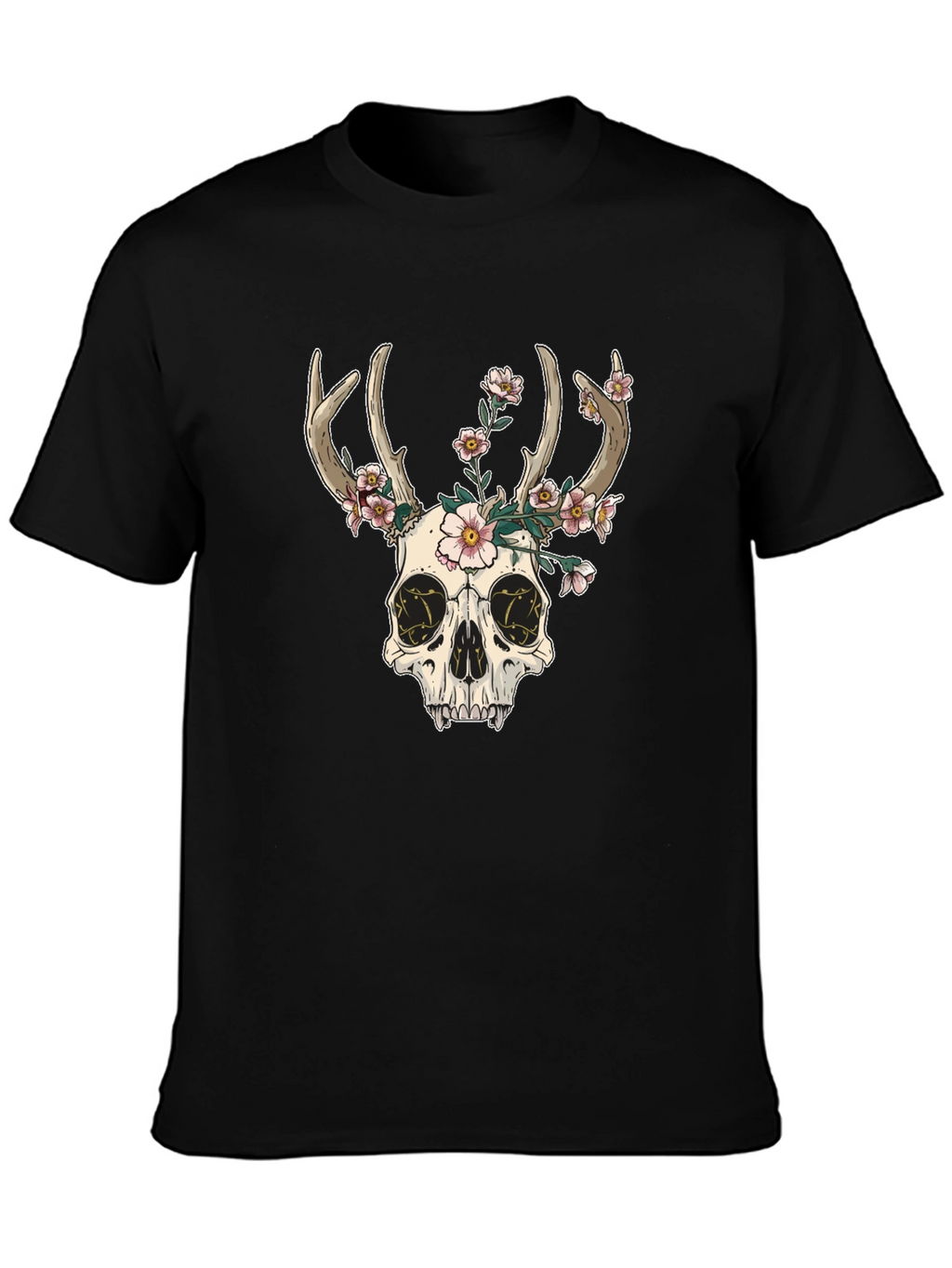 Skull & Flowers Graphic Tee - Black Cotton T-Shirt