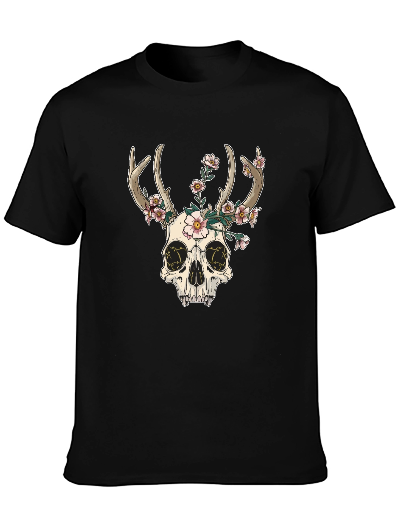 Skull & Flowers Graphic Tee - Black Cotton T-Shirt