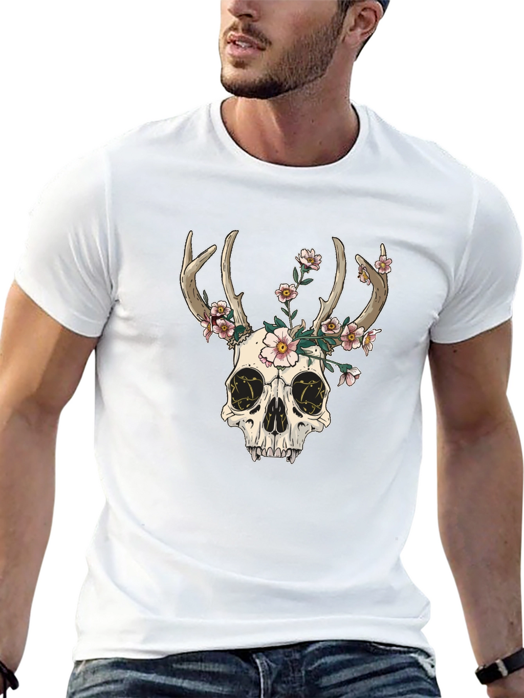 Skull & Flowers Graphic Tee - Black Cotton T-Shirt