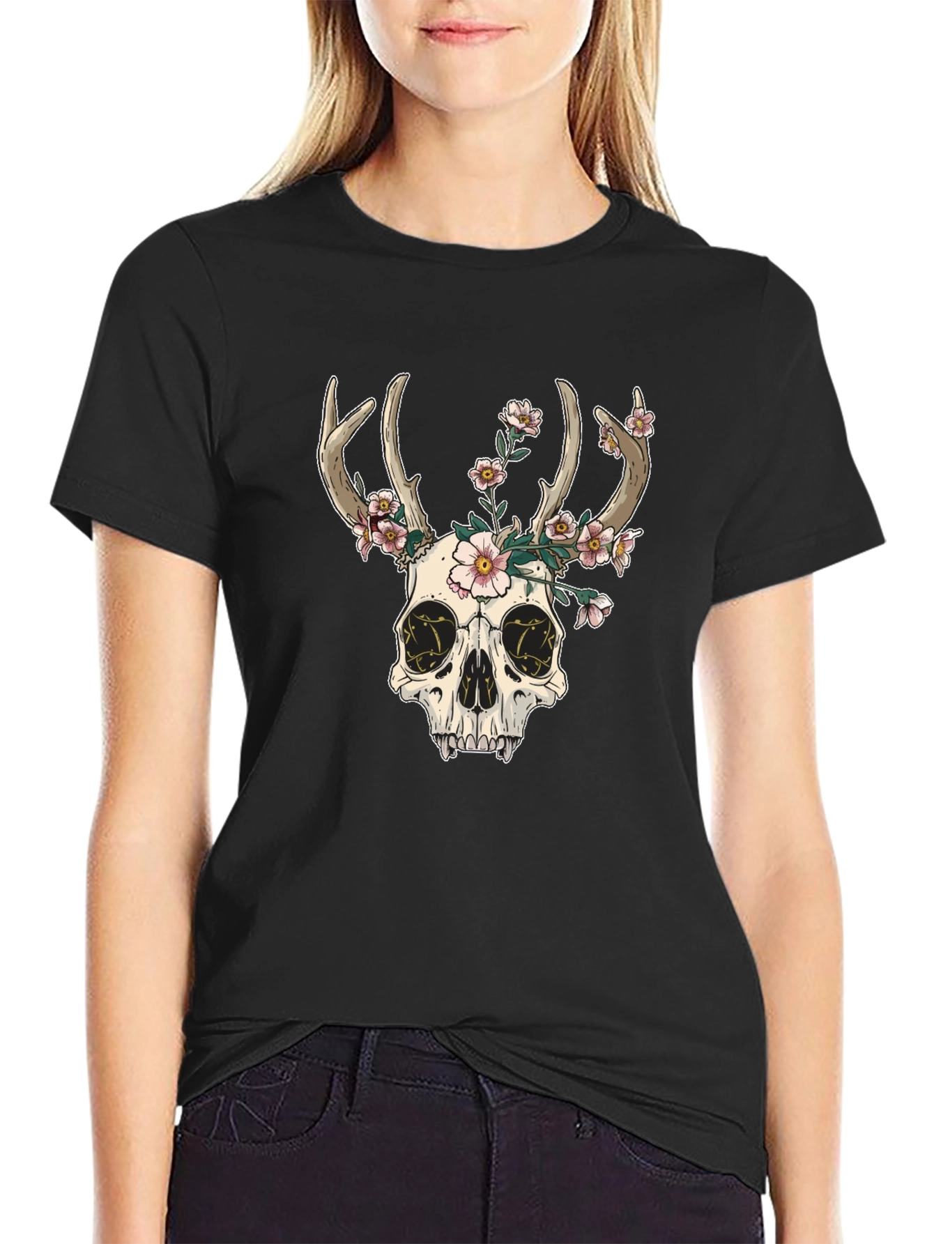 Skull & Flowers Graphic Tee - Black Cotton T-Shirt