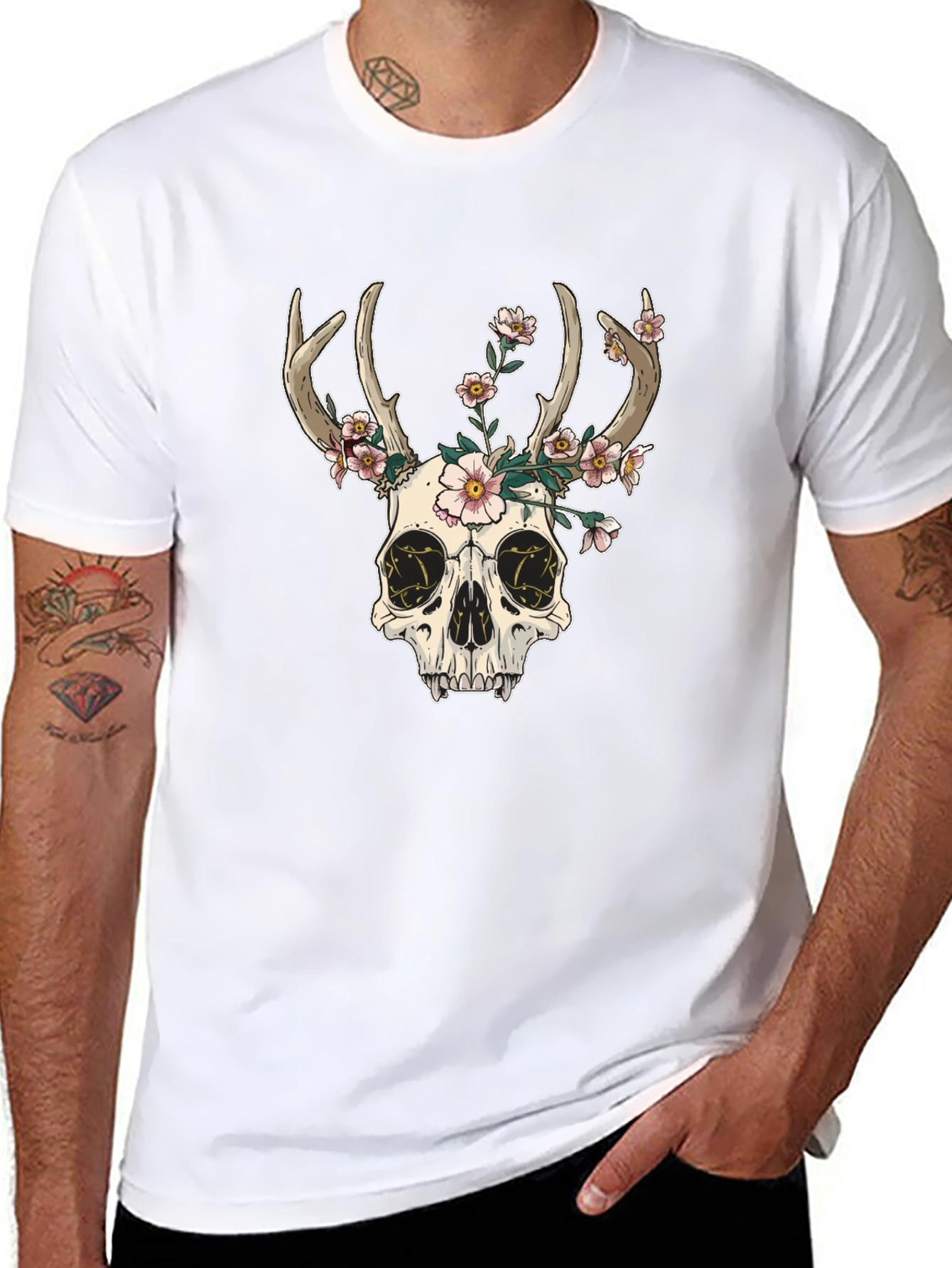 Skull & Flowers Graphic Tee - Black Cotton T-Shirt
