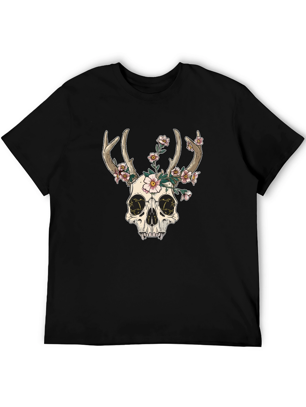 Skull & Flowers Graphic Tee - Black Cotton T-Shirt