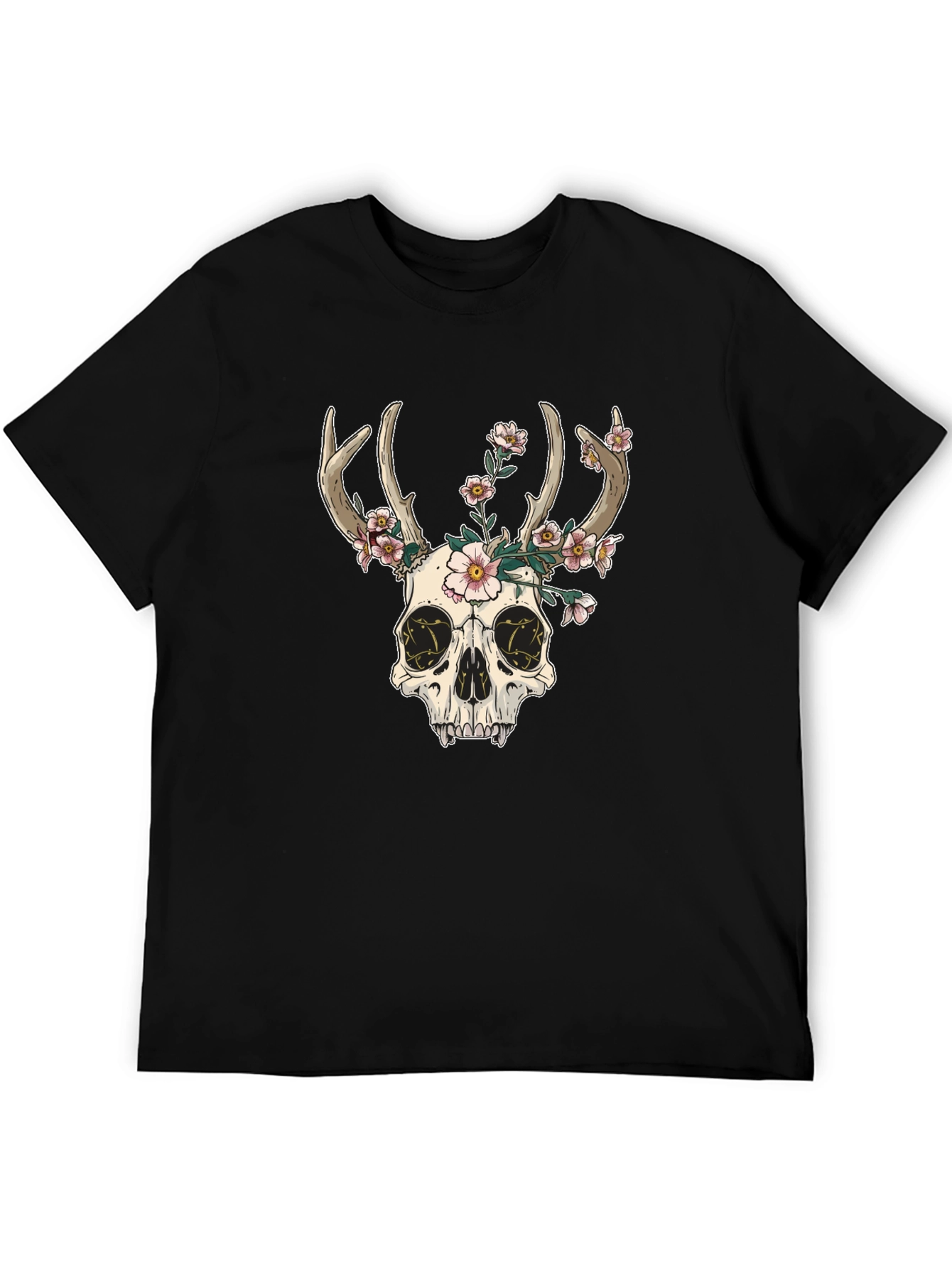 Skull & Flowers Graphic Tee - Black Cotton T-Shirt