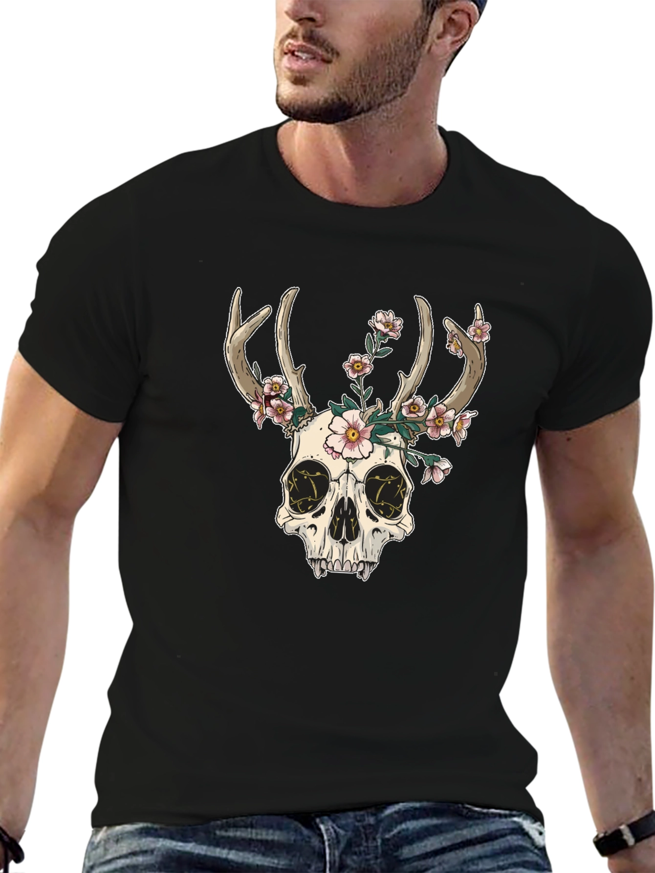 Skull & Flowers Graphic Tee - Black Cotton T-Shirt