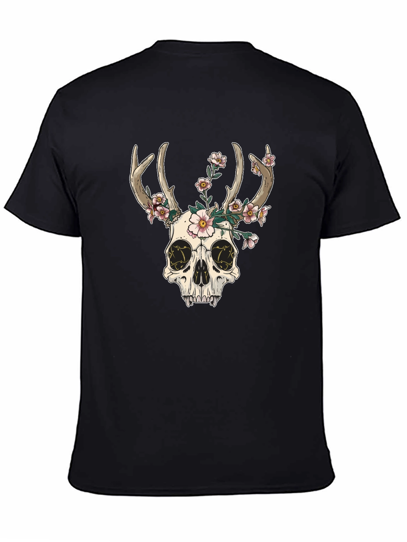 Skull & Flowers Graphic Tee - Black Cotton T-Shirt