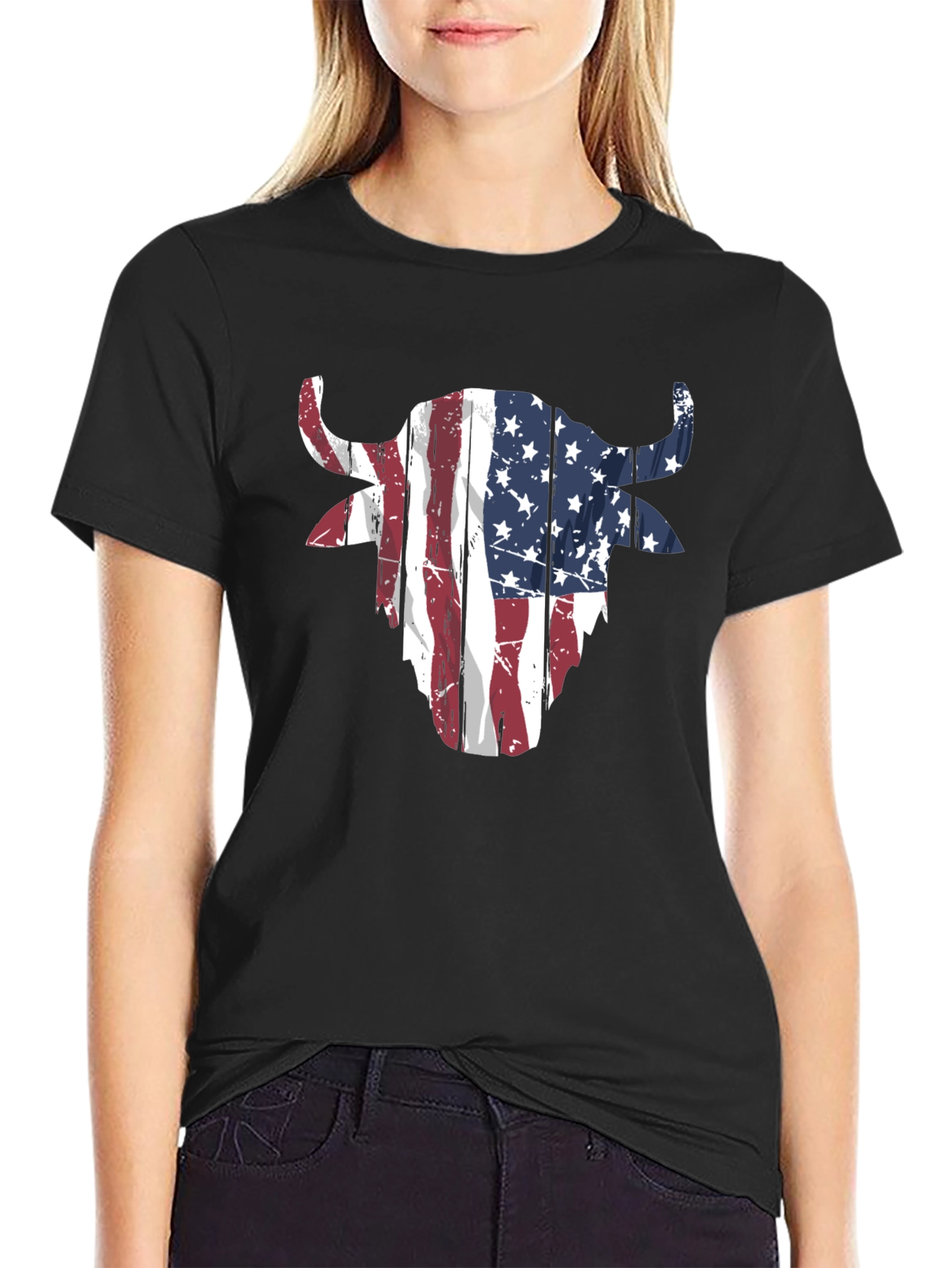 American Flag Bull Head Graphic Tee - Black Cotton Blend