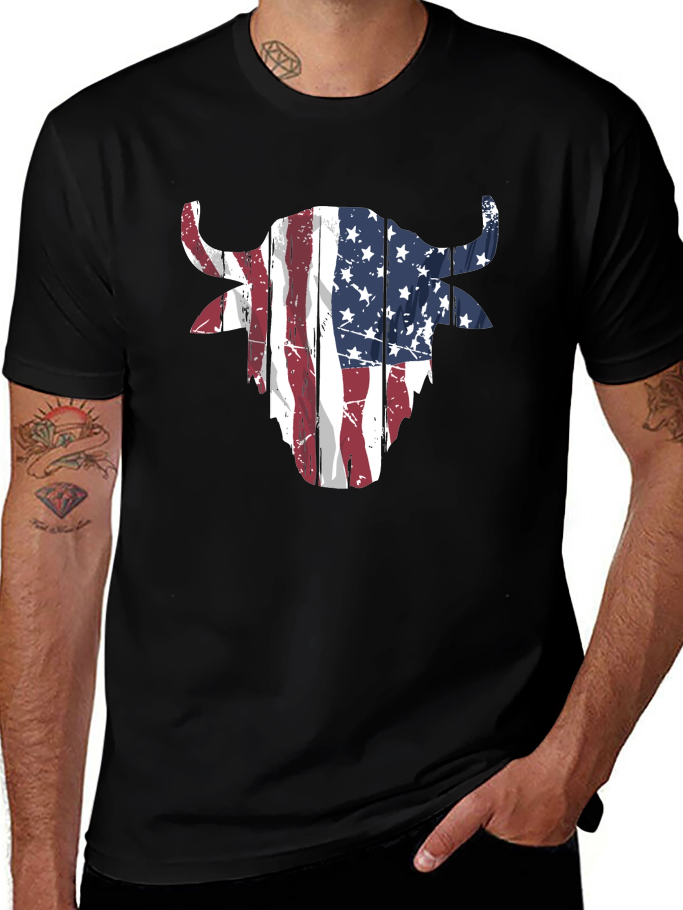 American Flag Bull Head Graphic Tee - Black Cotton Blend