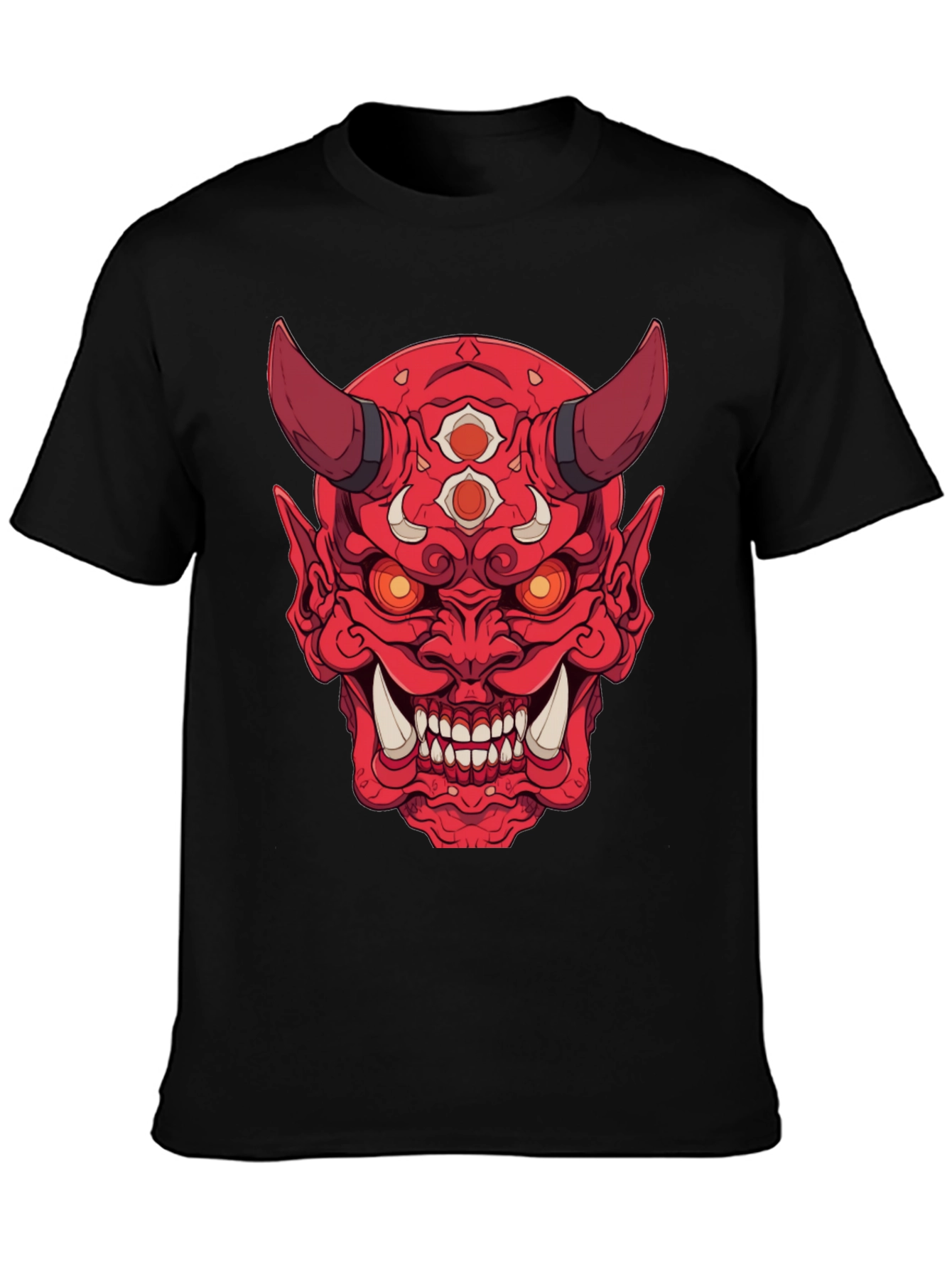 Red Oni Demon Graphic Print Black T-Shirt