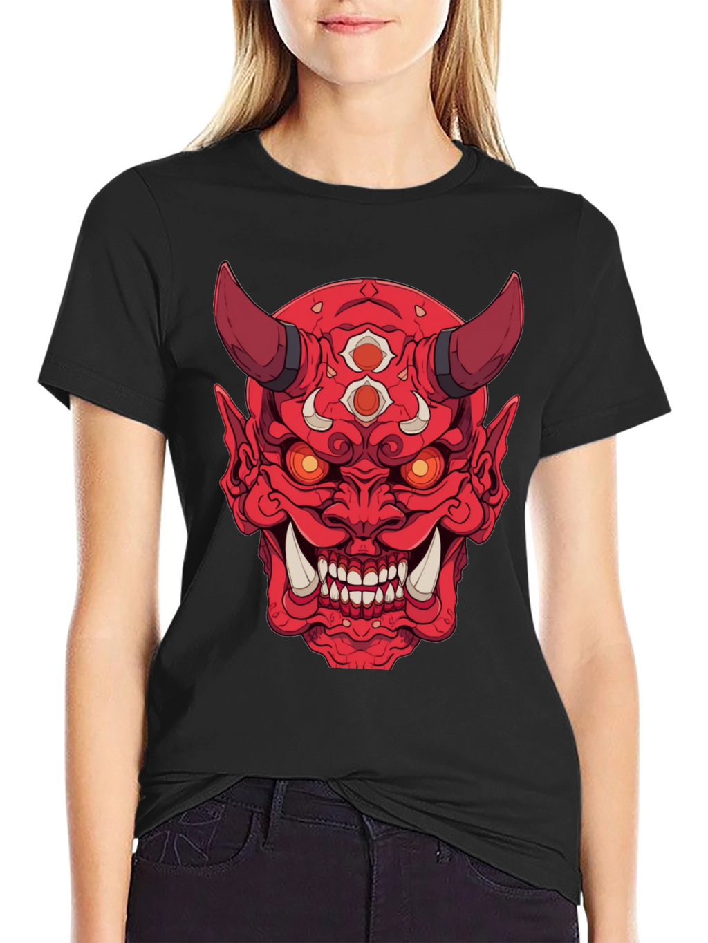 Red Oni Demon Graphic Print Black T-Shirt