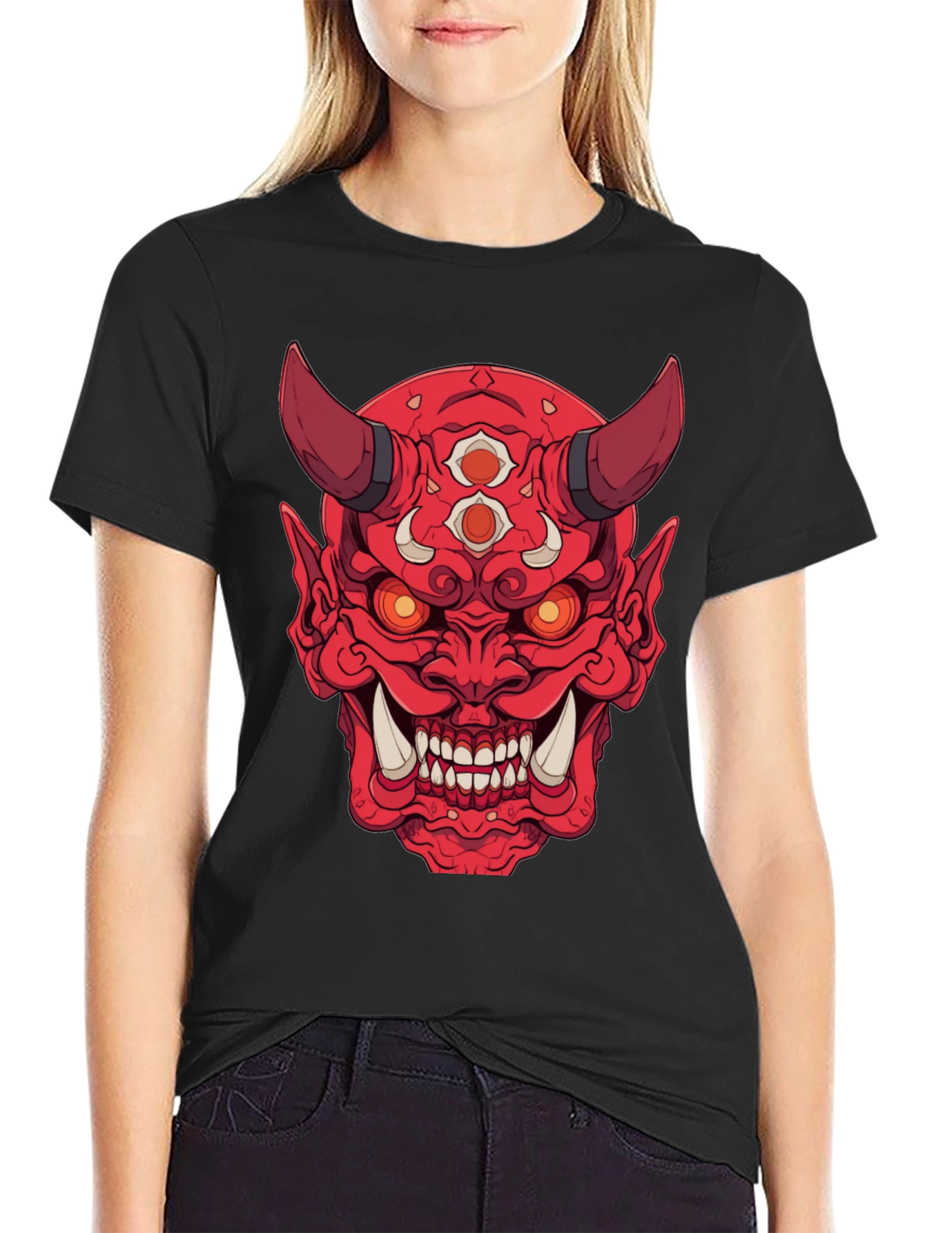 Red Oni Demon Graphic Print Black T-Shirt