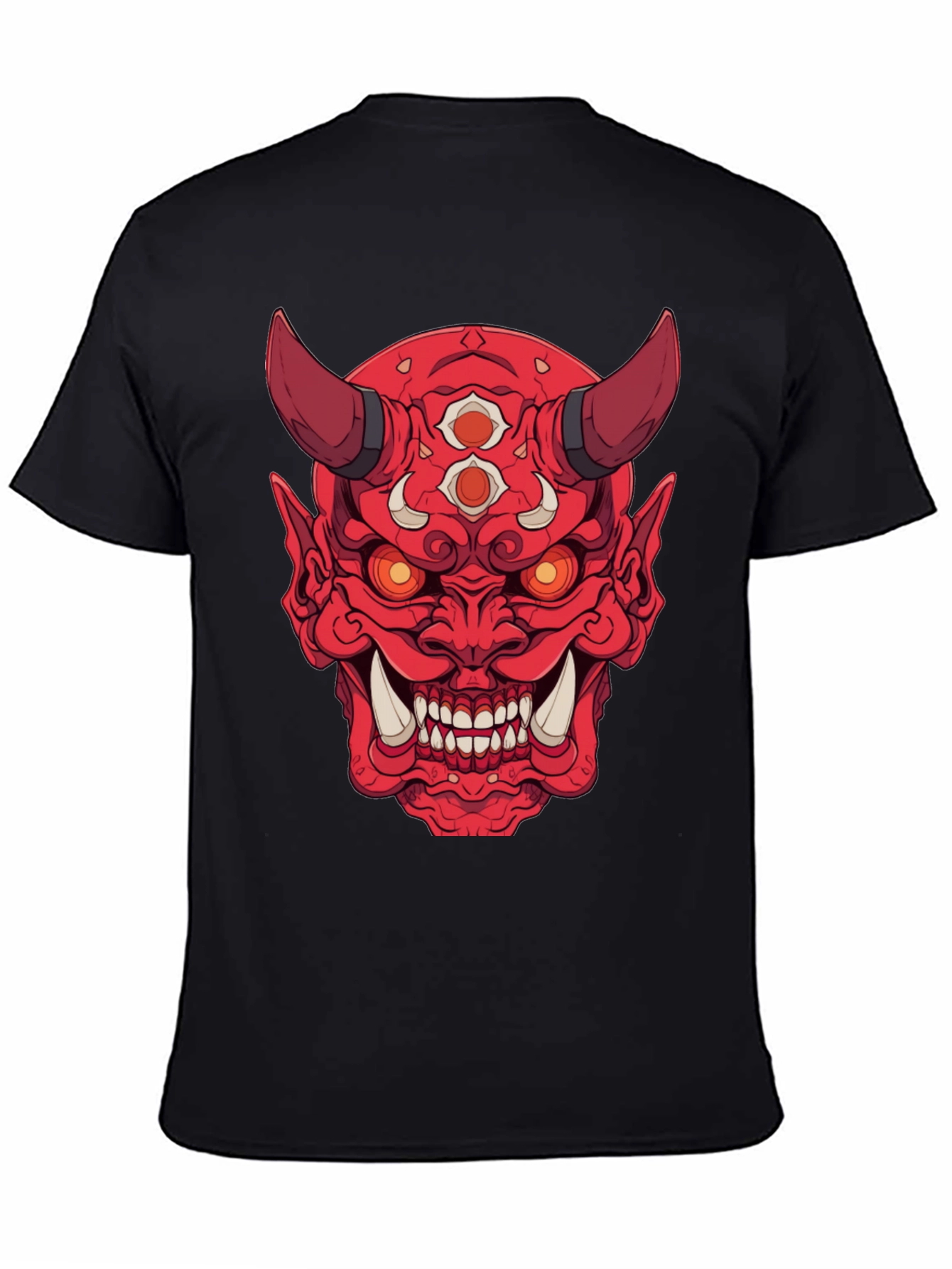 Red Oni Demon Graphic Print Black T-Shirt