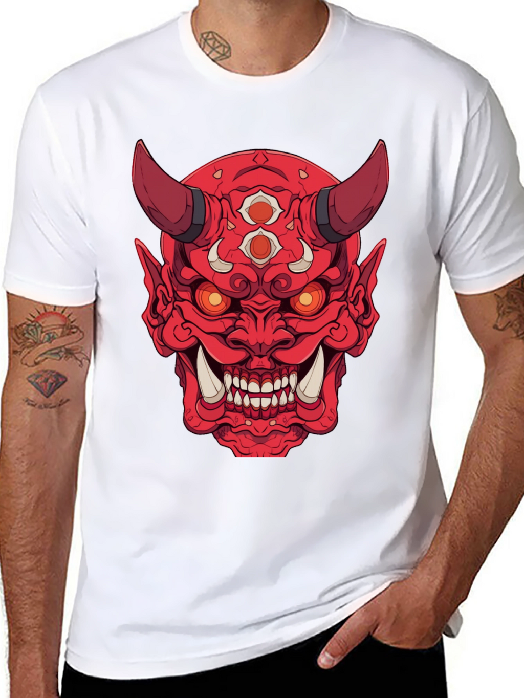 Red Oni Demon Graphic Print Black T-Shirt