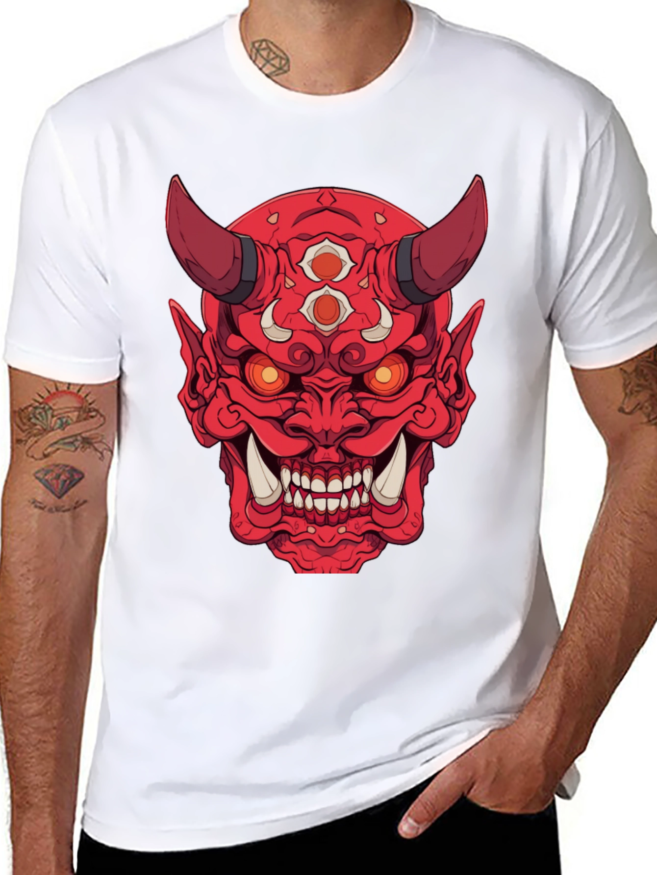 Red Oni Demon Graphic Print Black T-Shirt