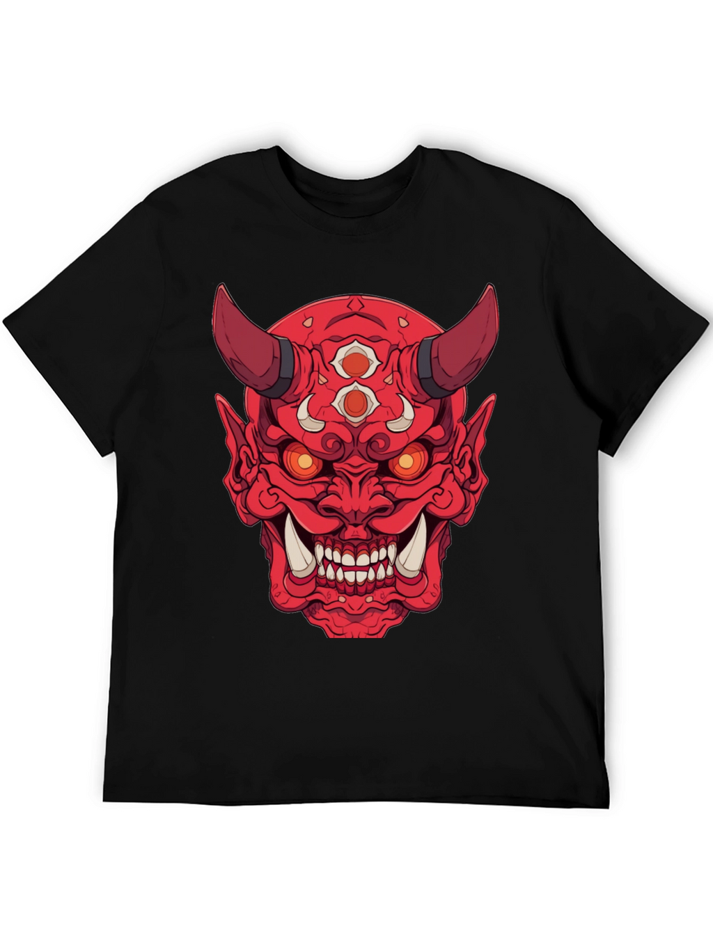 Red Oni Demon Graphic Print Black T-Shirt