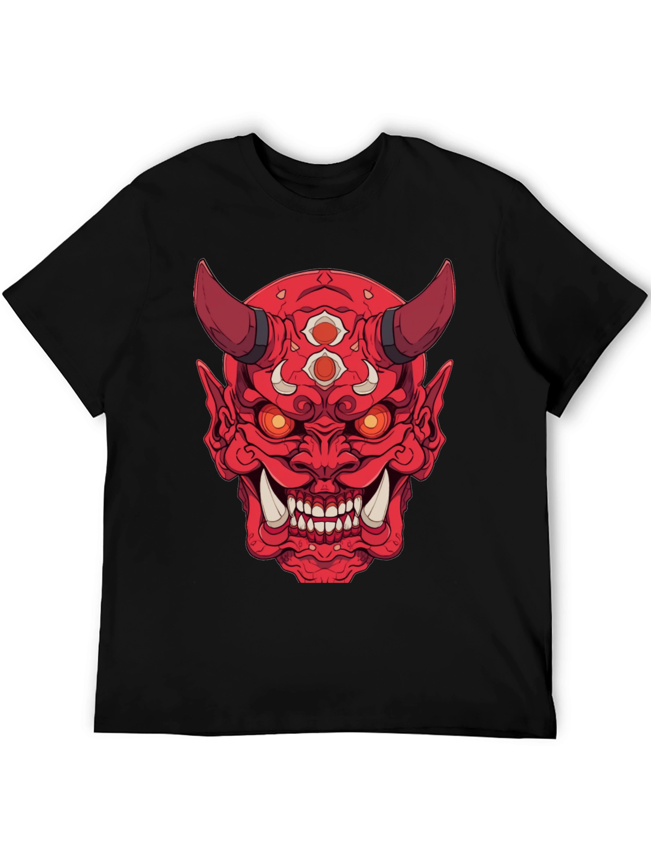 Red Oni Demon Graphic Print Black T-Shirt