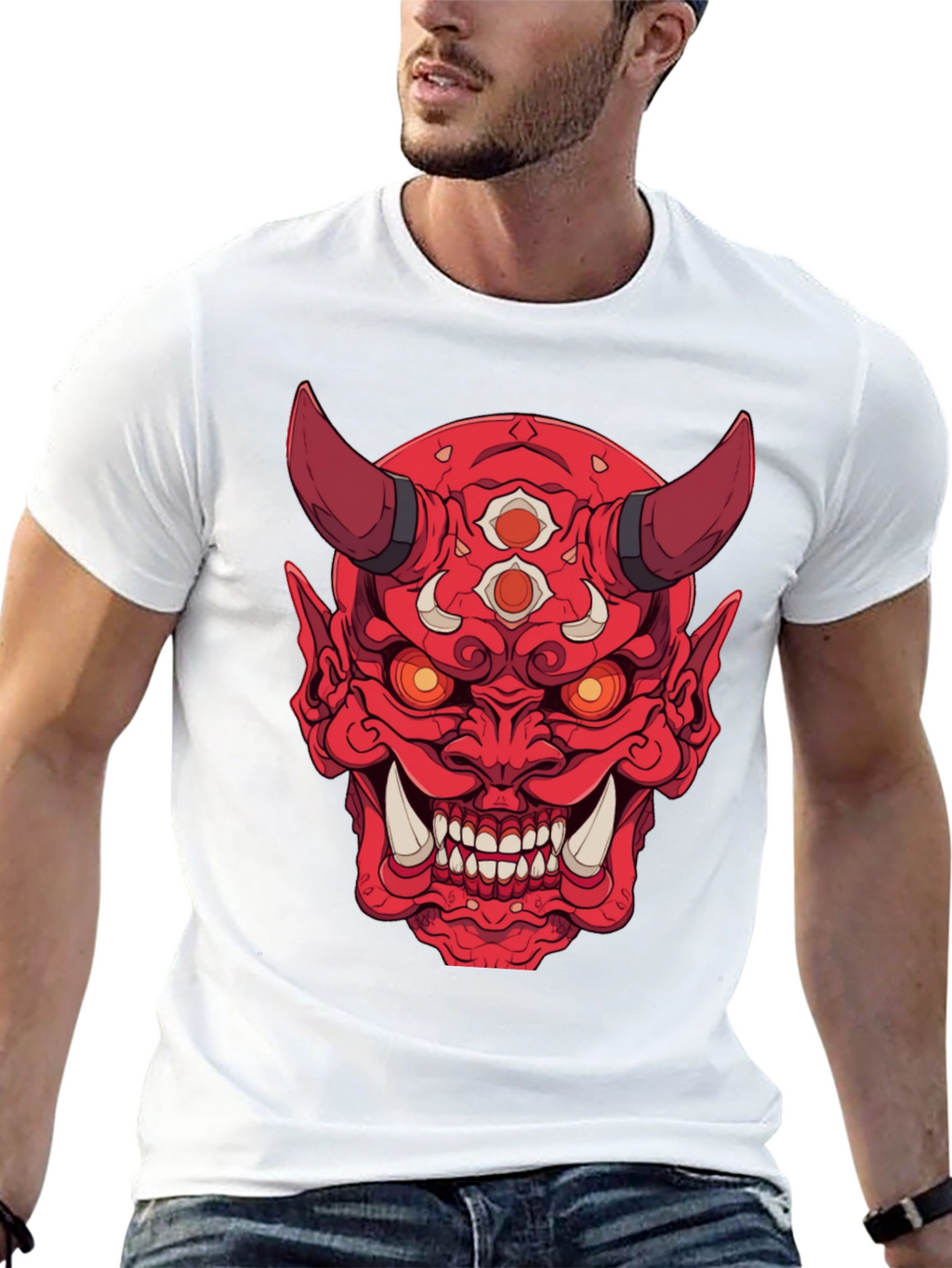 Red Oni Demon Graphic Print Black T-Shirt