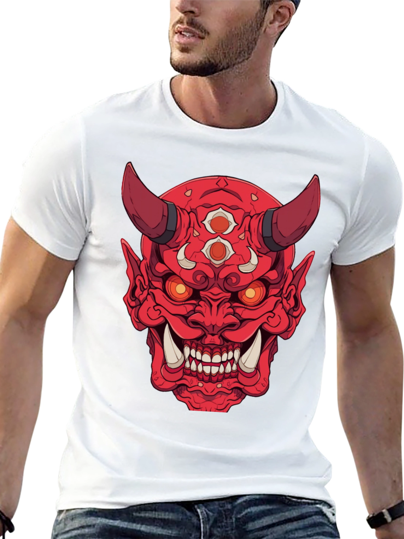 Red Oni Demon Graphic Print Black T-Shirt