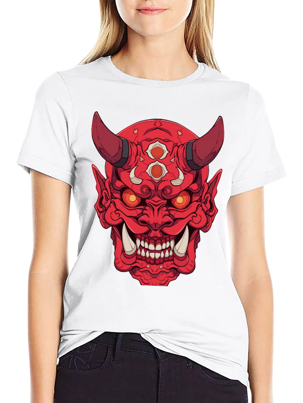 Red Oni Demon Graphic Print Black T-Shirt