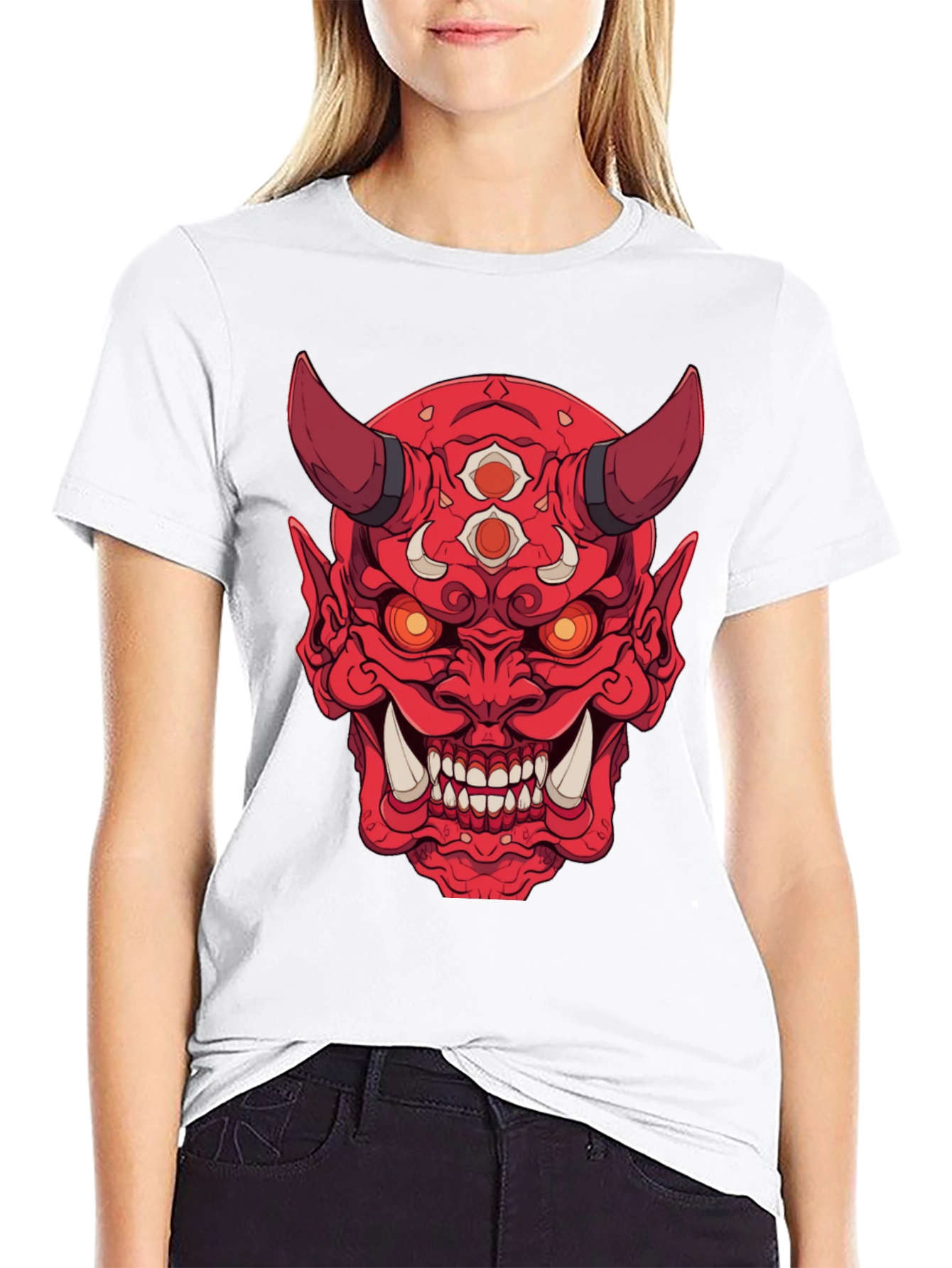 Red Oni Demon Graphic Print Black T-Shirt