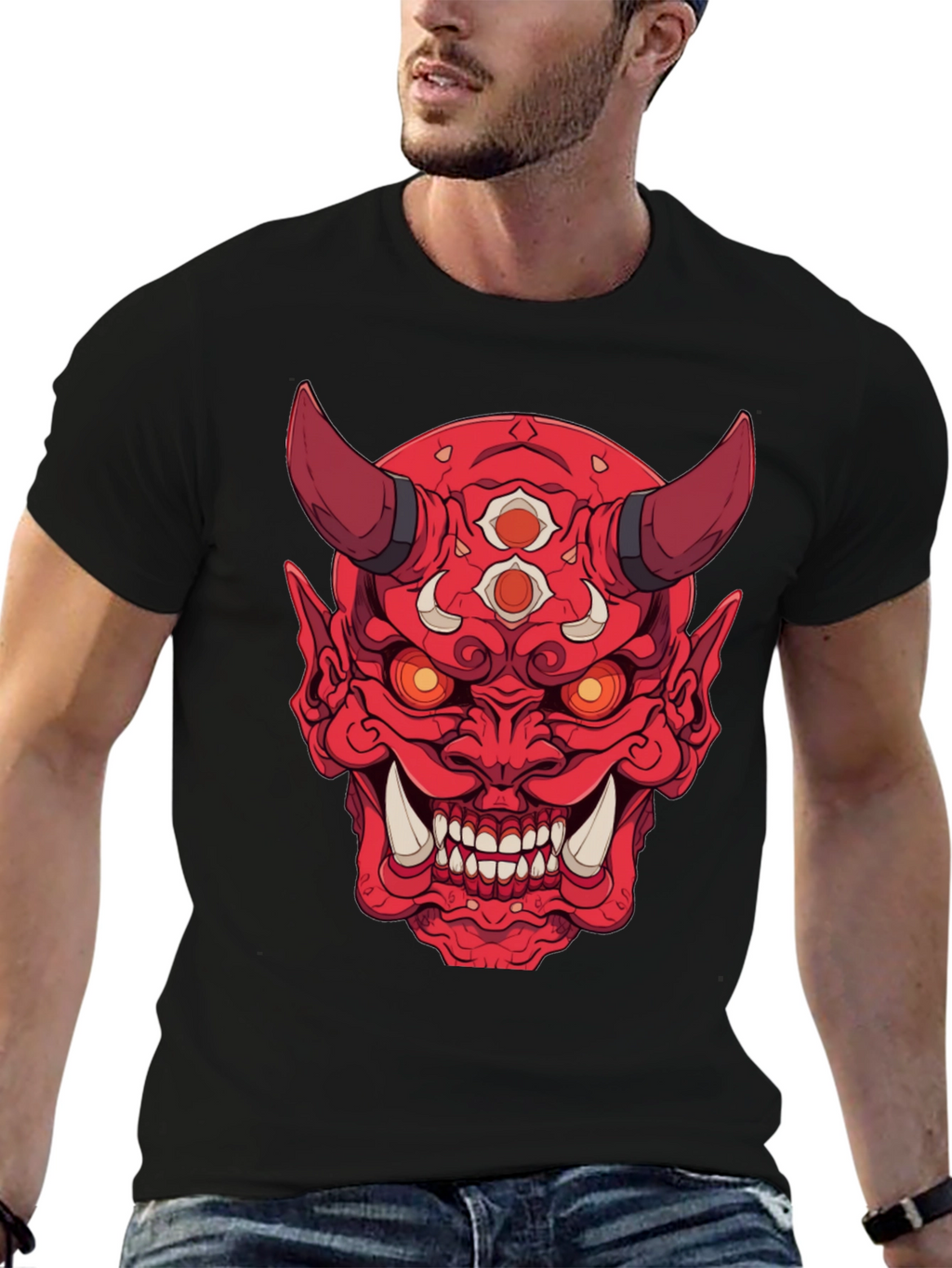 Red Oni Demon Graphic Print Black T-Shirt