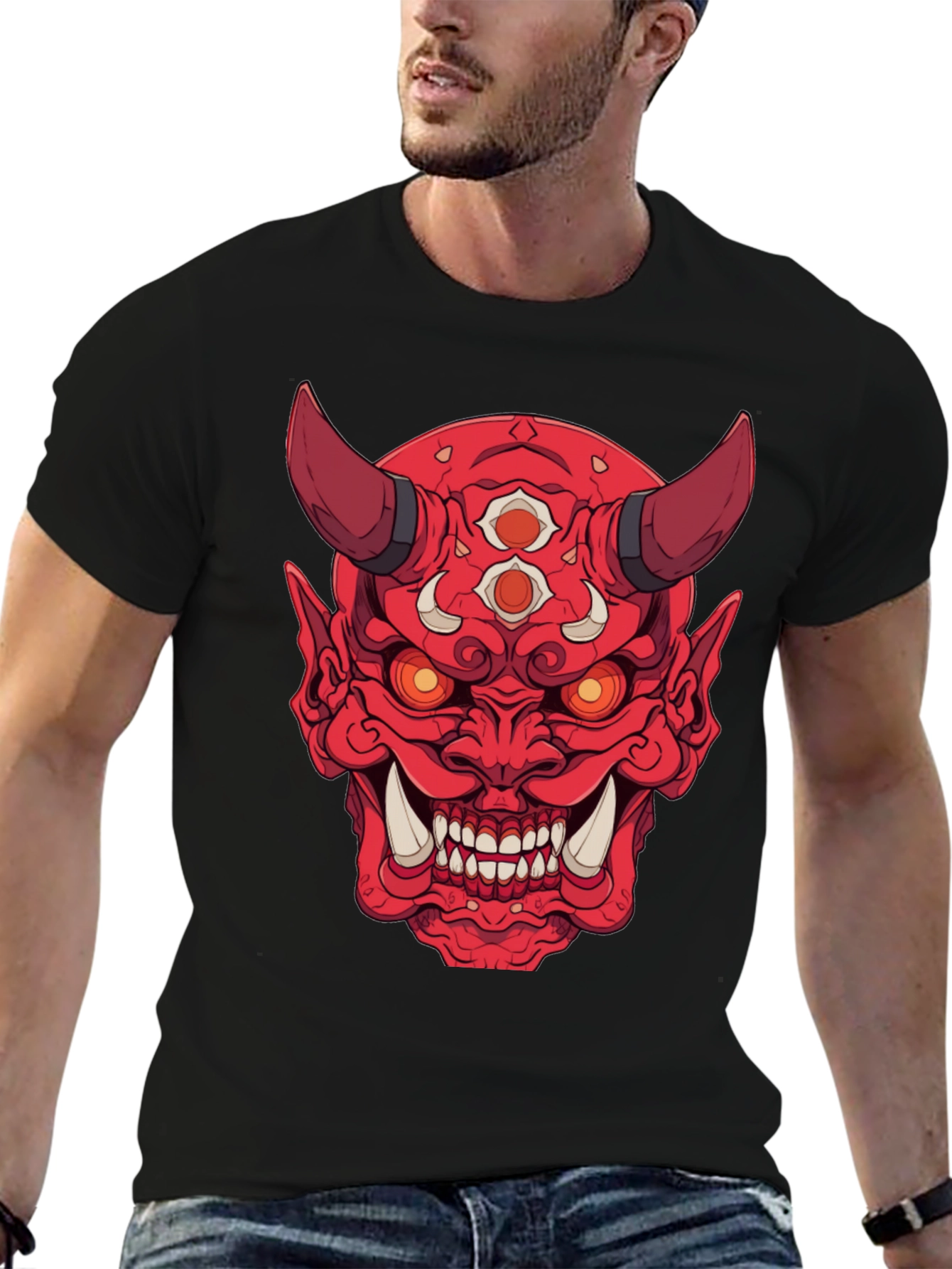 Red Oni Demon Graphic Print Black T-Shirt