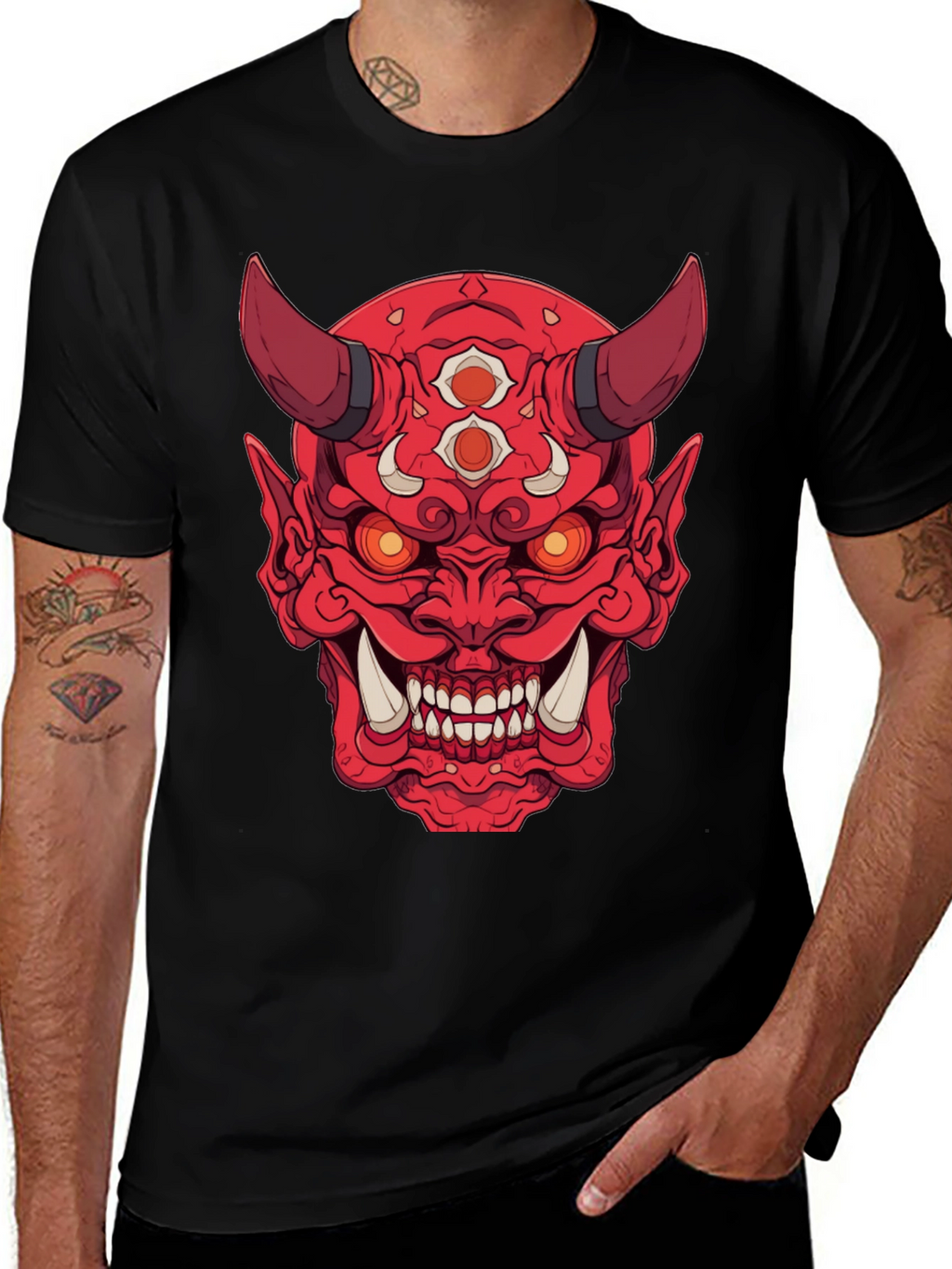Red Oni Demon Graphic Print Black T-Shirt