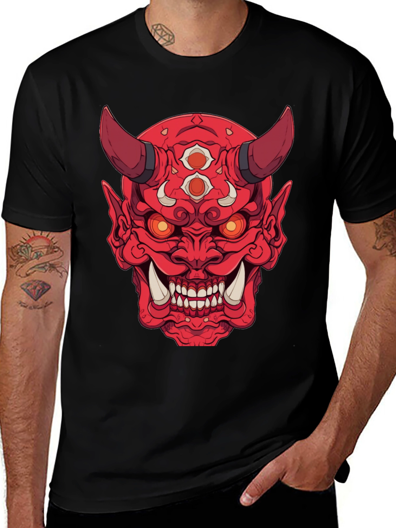 Red Oni Demon Graphic Print Black T-Shirt