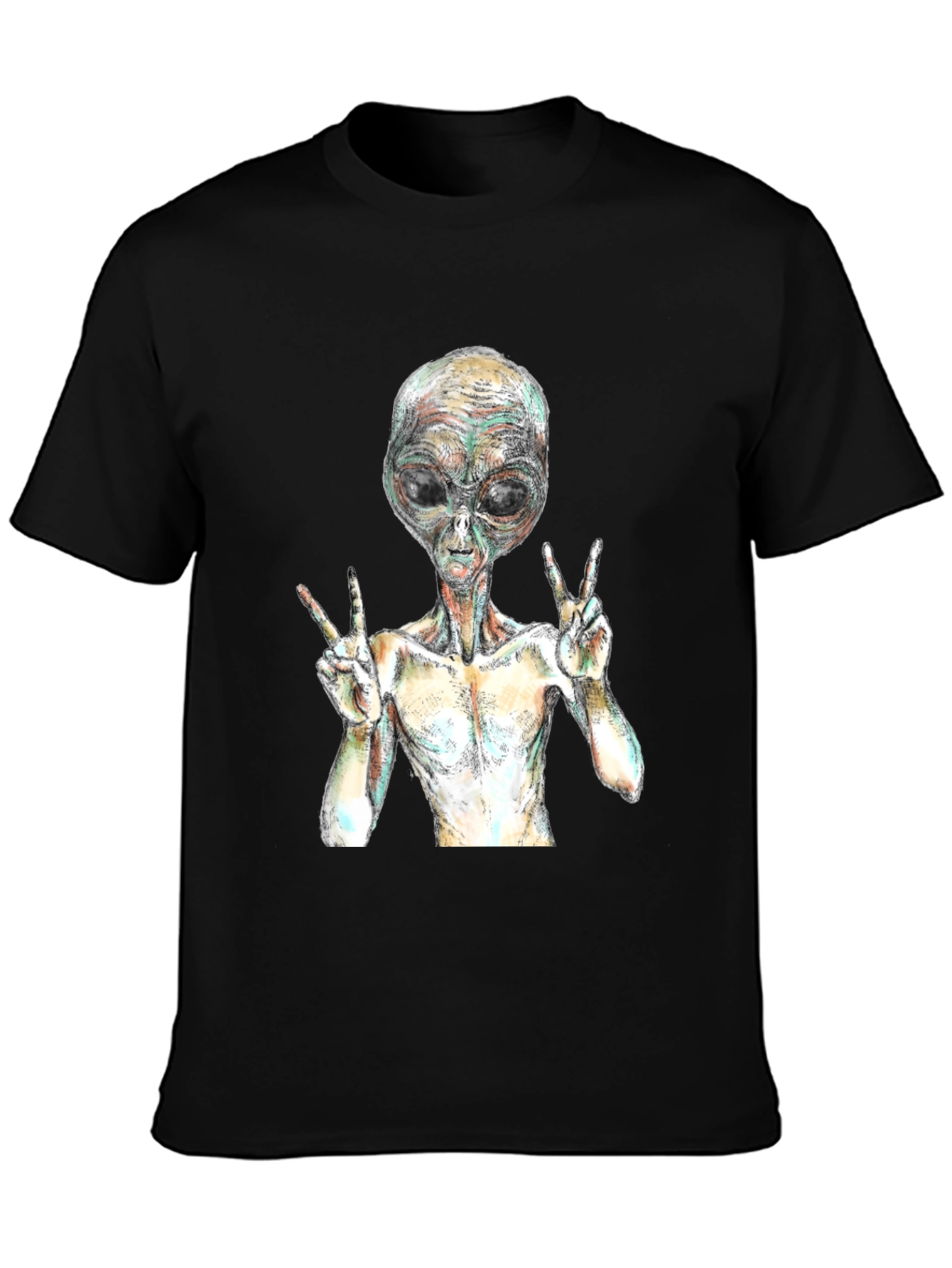 Alien Peace Sign Graphic T-Shirt - Black