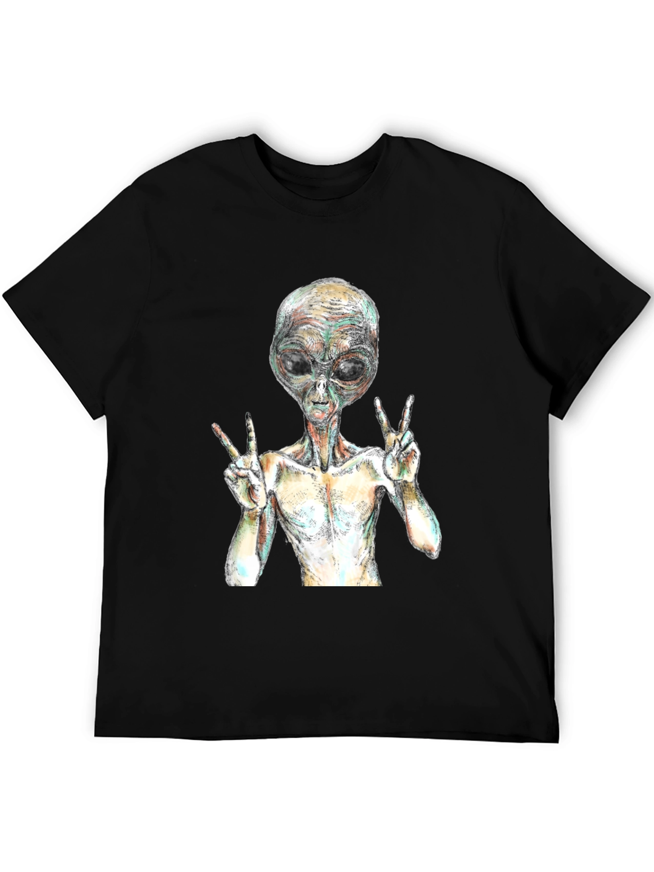 Alien Peace Sign Graphic T-Shirt - Black