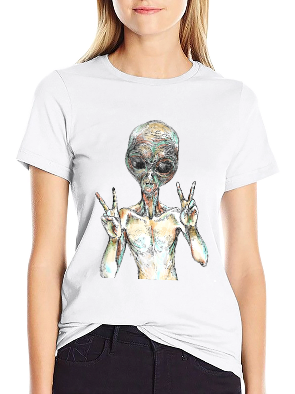 Alien Peace Sign Graphic T-Shirt - Black