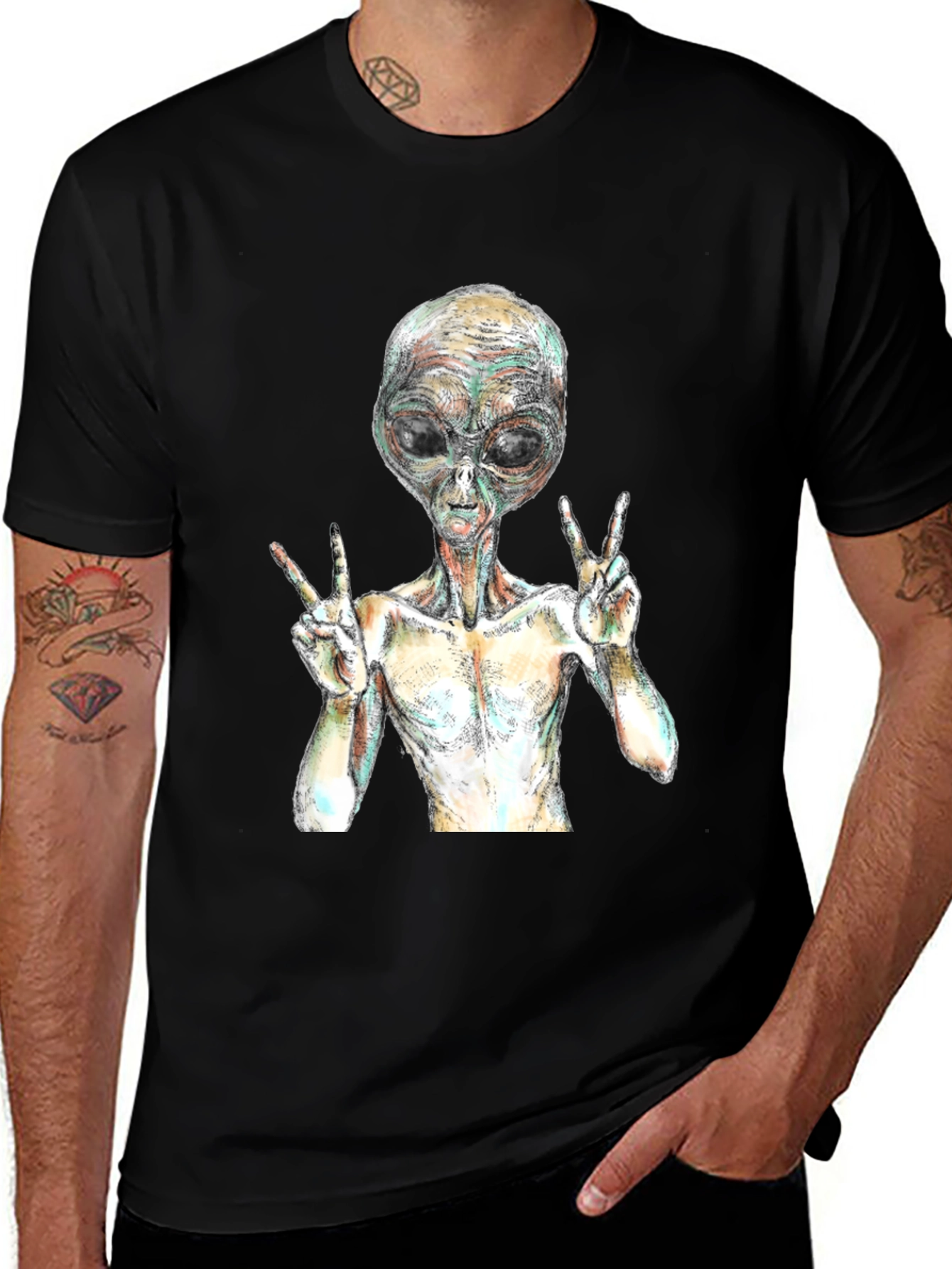 Alien Peace Sign Graphic T-Shirt - Black