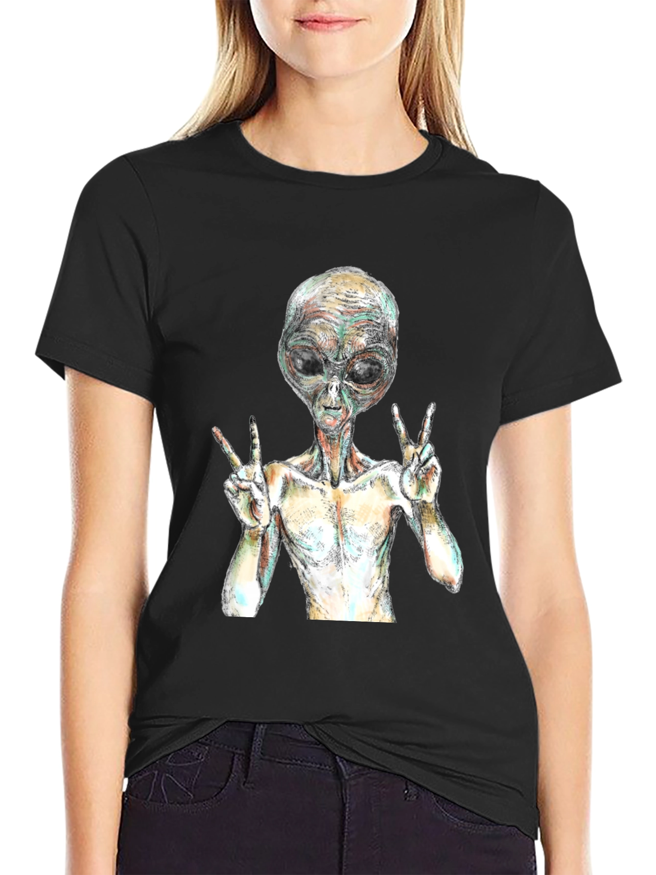 Alien Peace Sign Graphic T-Shirt - Black