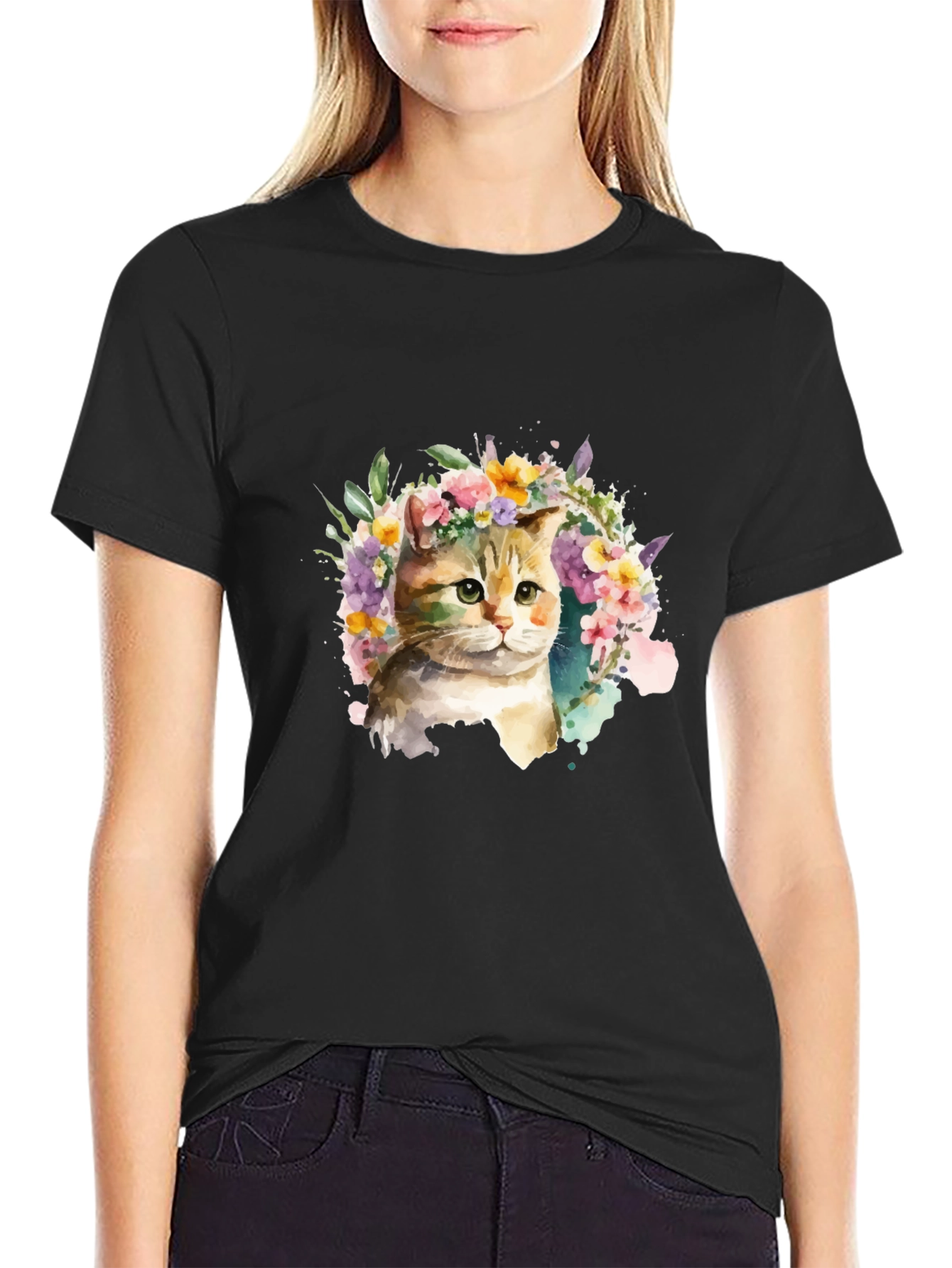 Watercolor Cat Floral Wreath Black T-Shirt