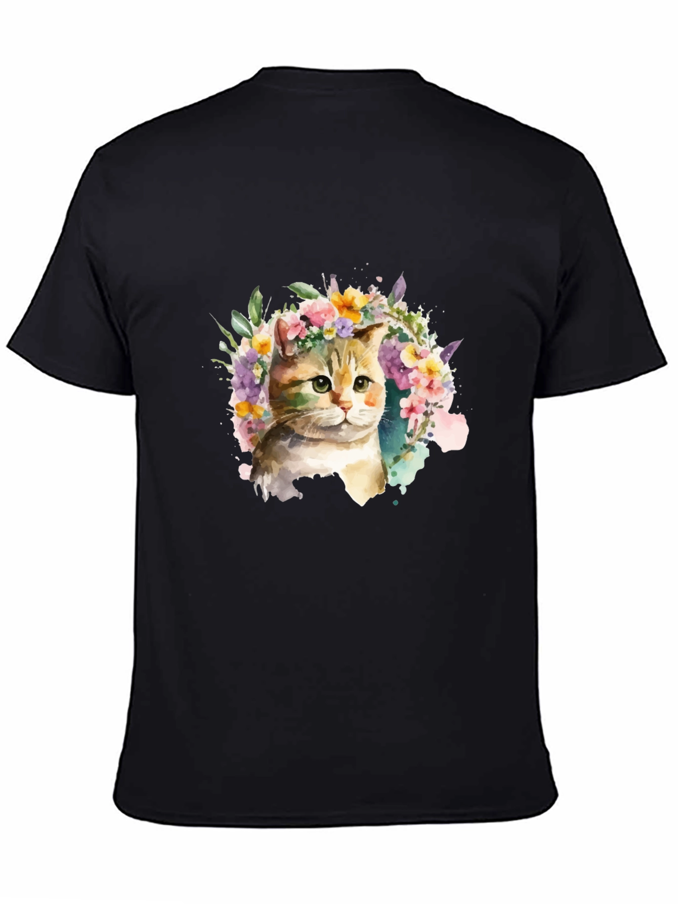 Watercolor Cat Floral Wreath Black T-Shirt