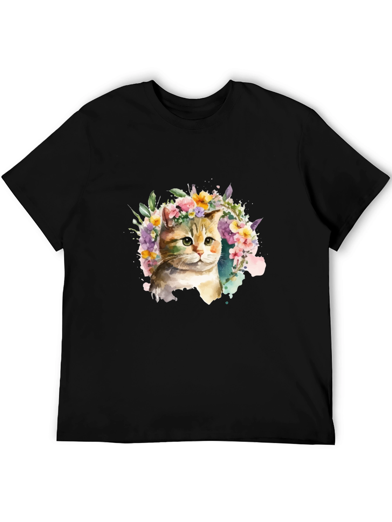 Watercolor Cat Floral Wreath Black T-Shirt
