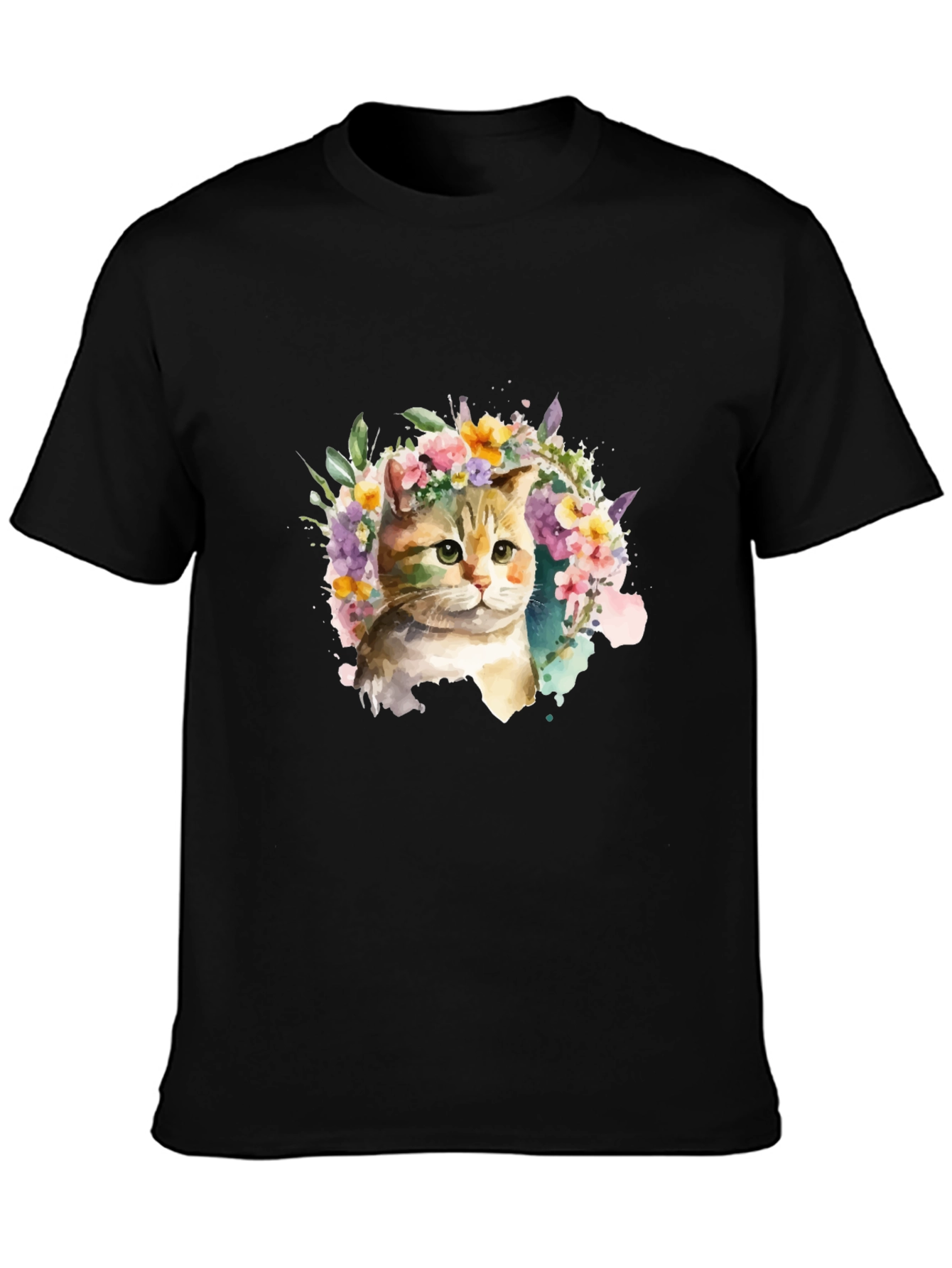 Watercolor Cat Floral Wreath Black T-Shirt