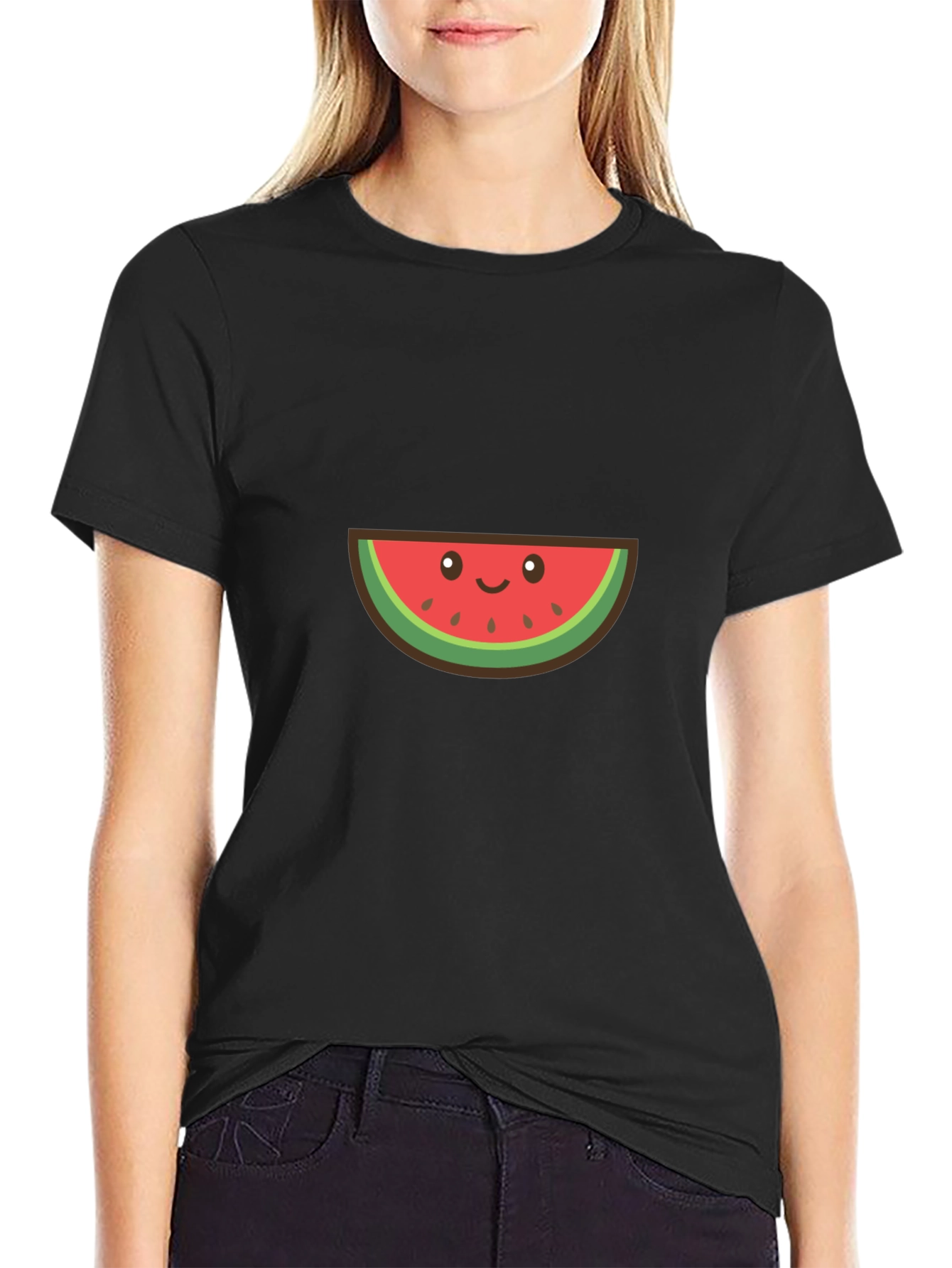 Cute Watermelon Graphic Tee - Black Cotton T-Shirt
