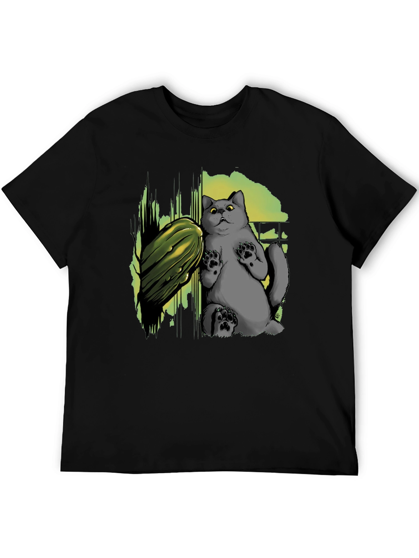 Funny Cat & Cucumber Graphic Tee - Black Cotton T-Shirt