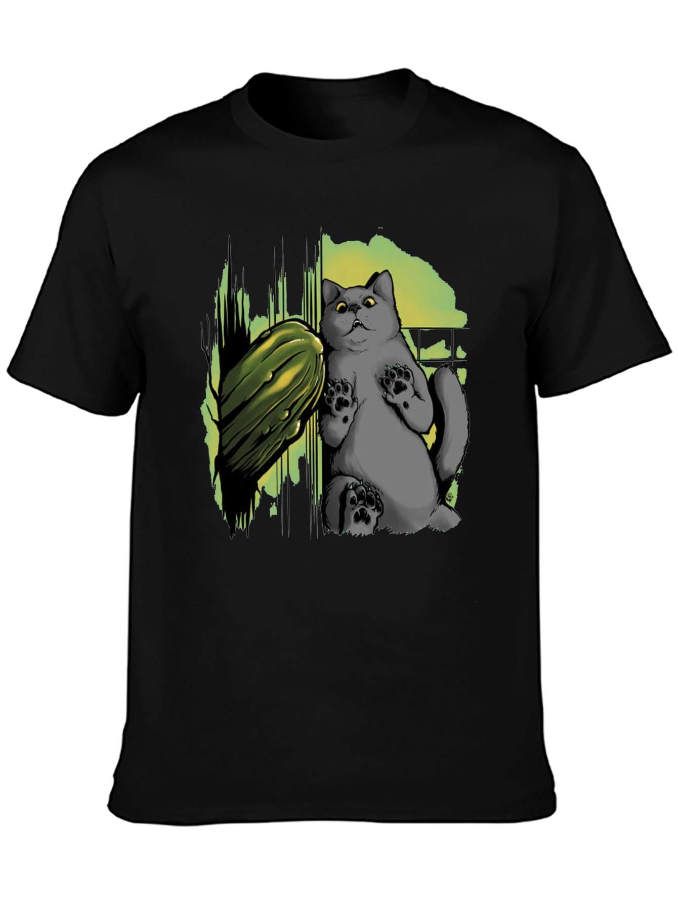 Funny Cat & Cucumber Graphic Tee - Black Cotton T-Shirt