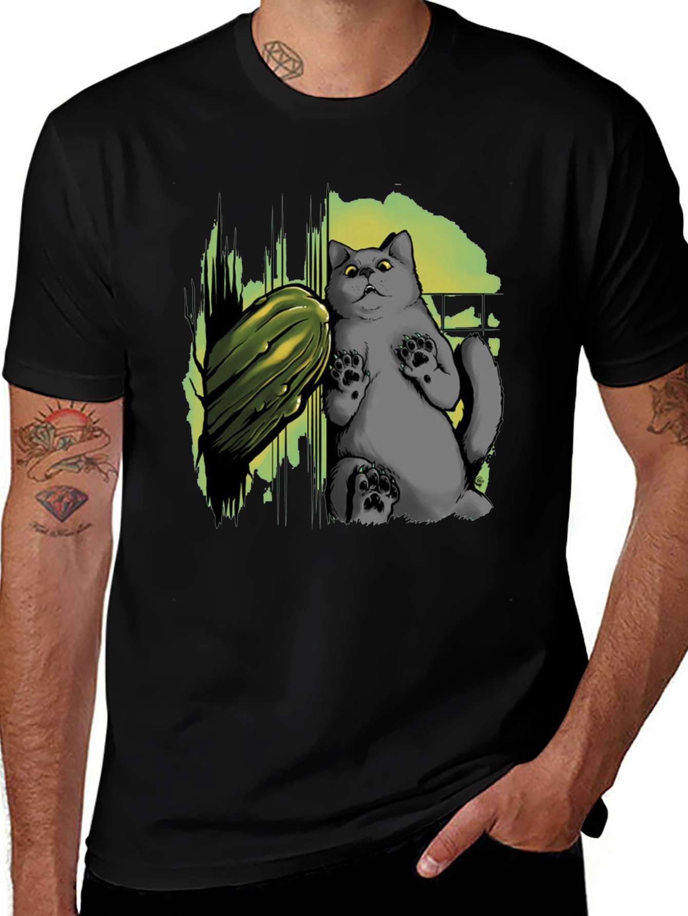 Funny Cat & Cucumber Graphic Tee - Black Cotton T-Shirt