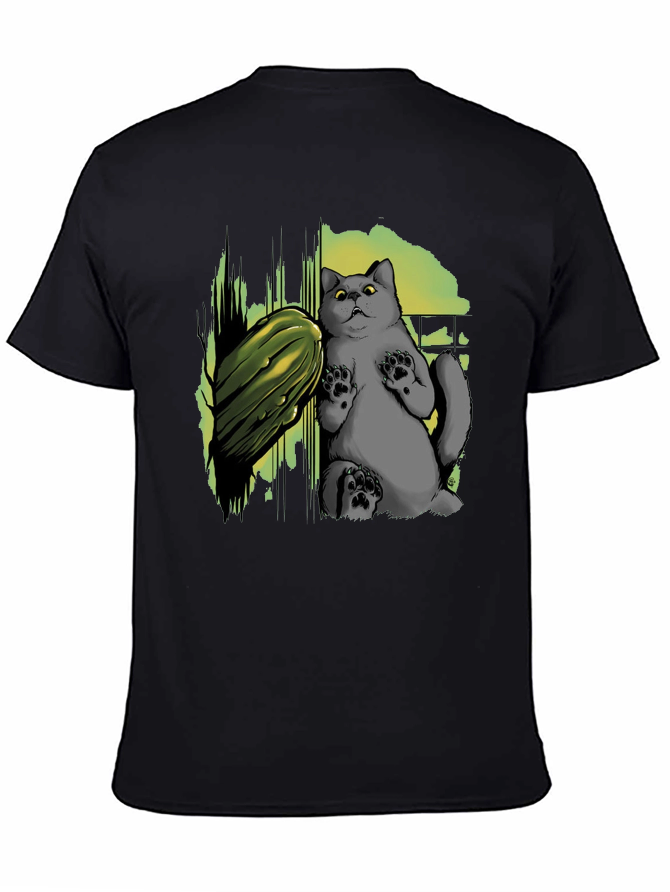Funny Cat & Cucumber Graphic Tee - Black Cotton T-Shirt