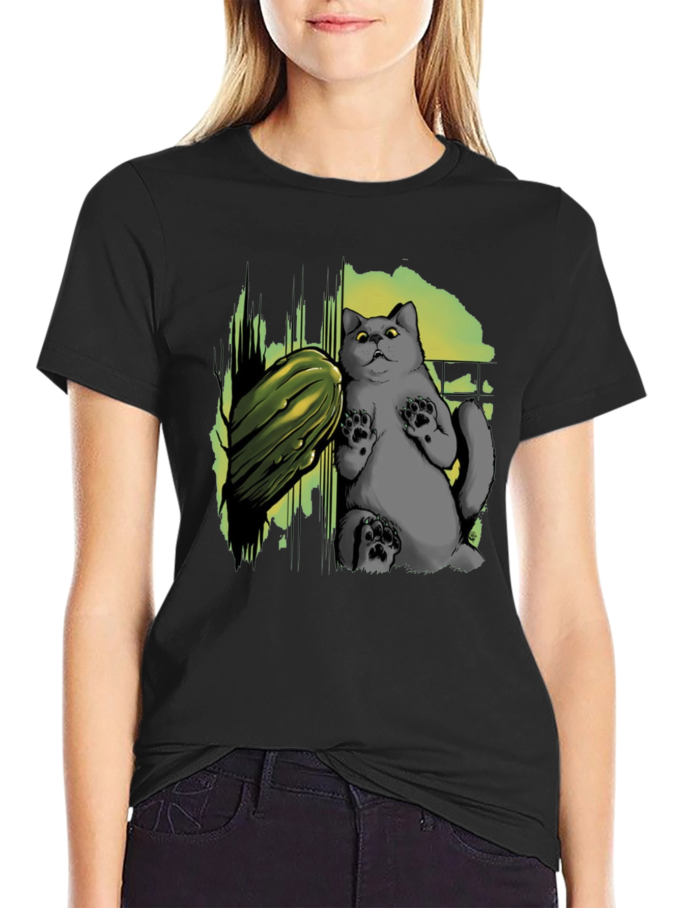 Funny Cat & Cucumber Graphic Tee - Black Cotton T-Shirt