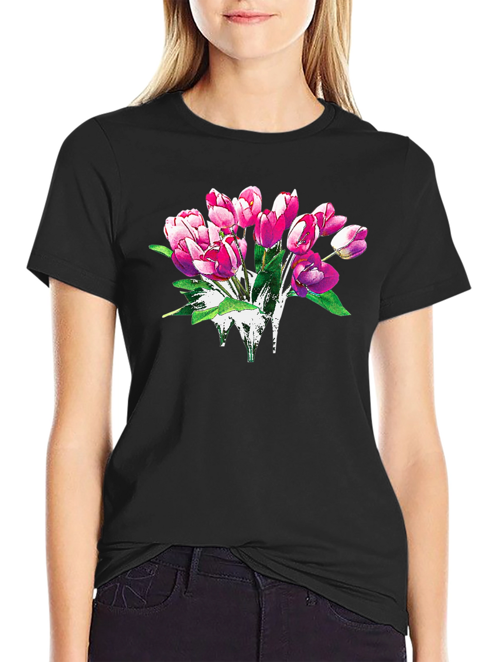 Floral Tulip Graphic Print Black T-Shirt