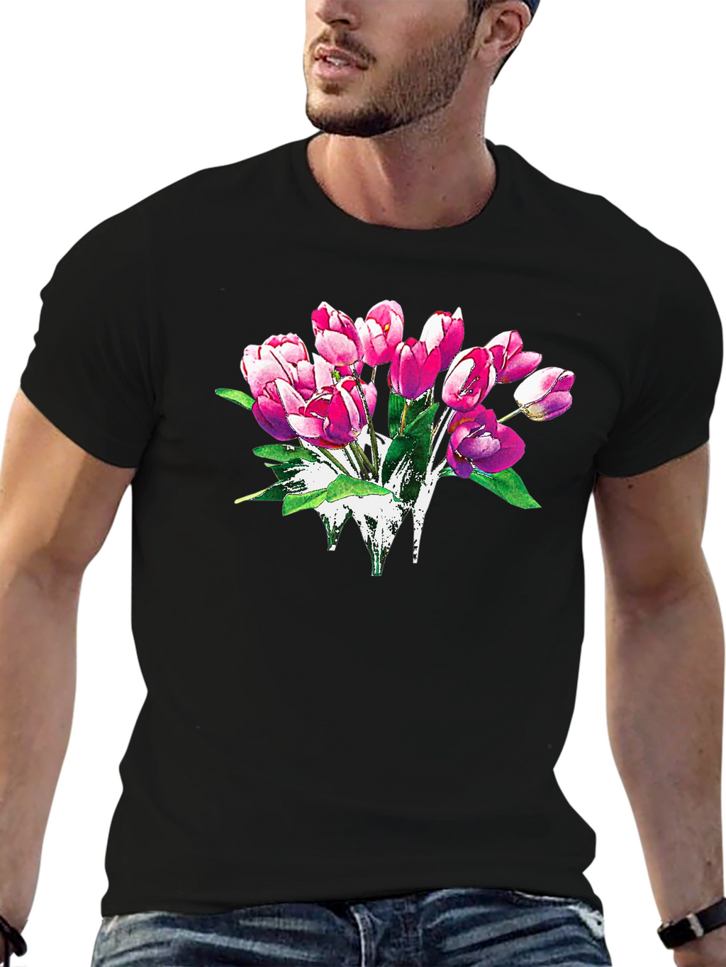 Floral Tulip Graphic Print Black T-Shirt