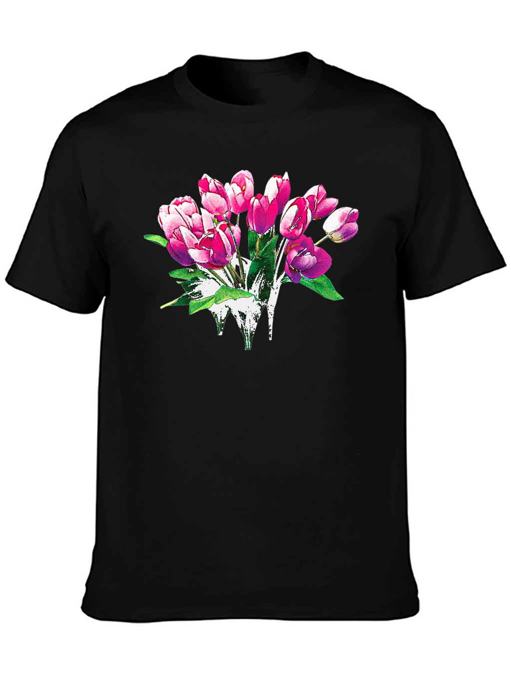 Floral Tulip Graphic Print Black T-Shirt