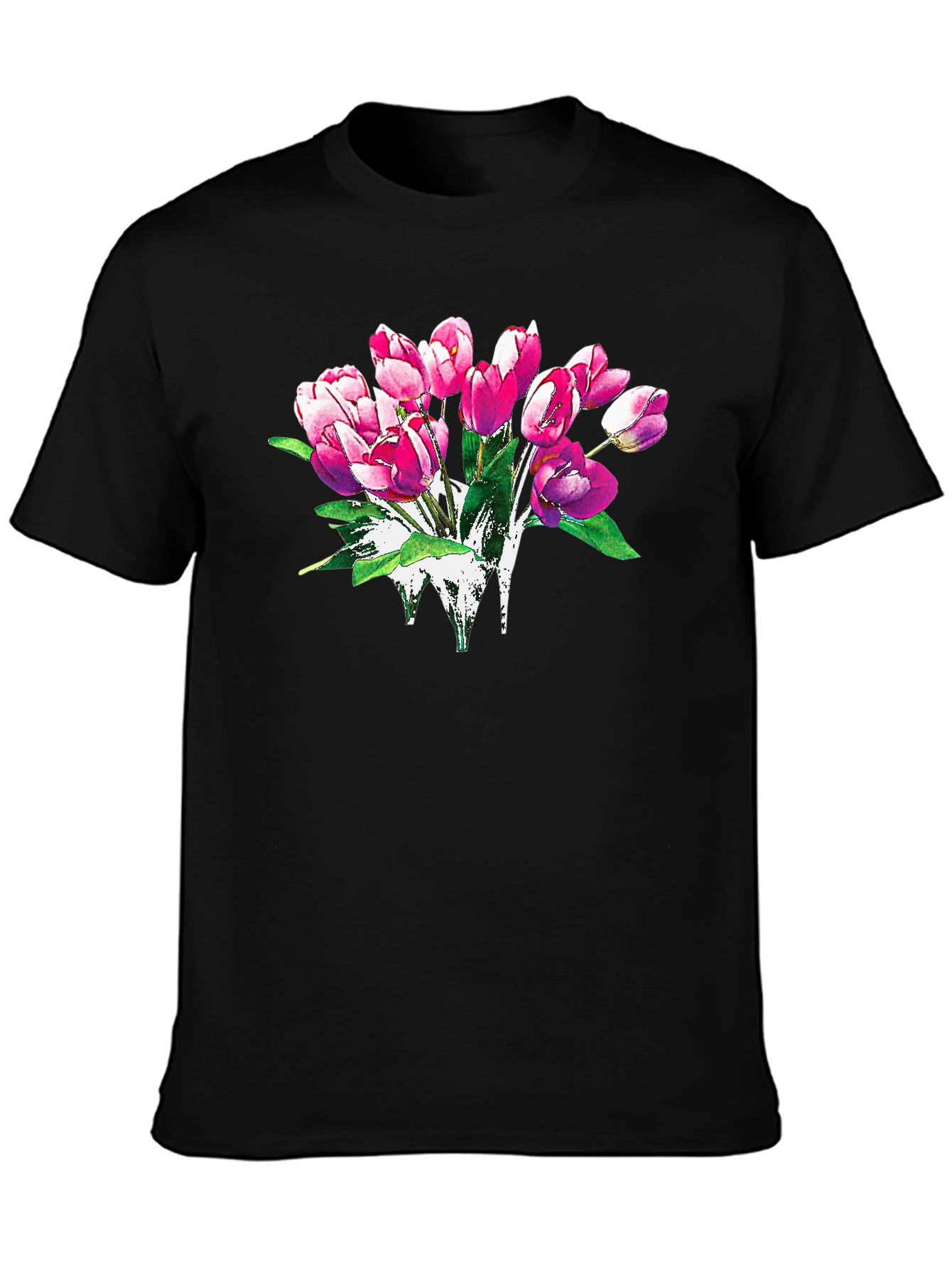 Floral Tulip Graphic Print Black T-Shirt