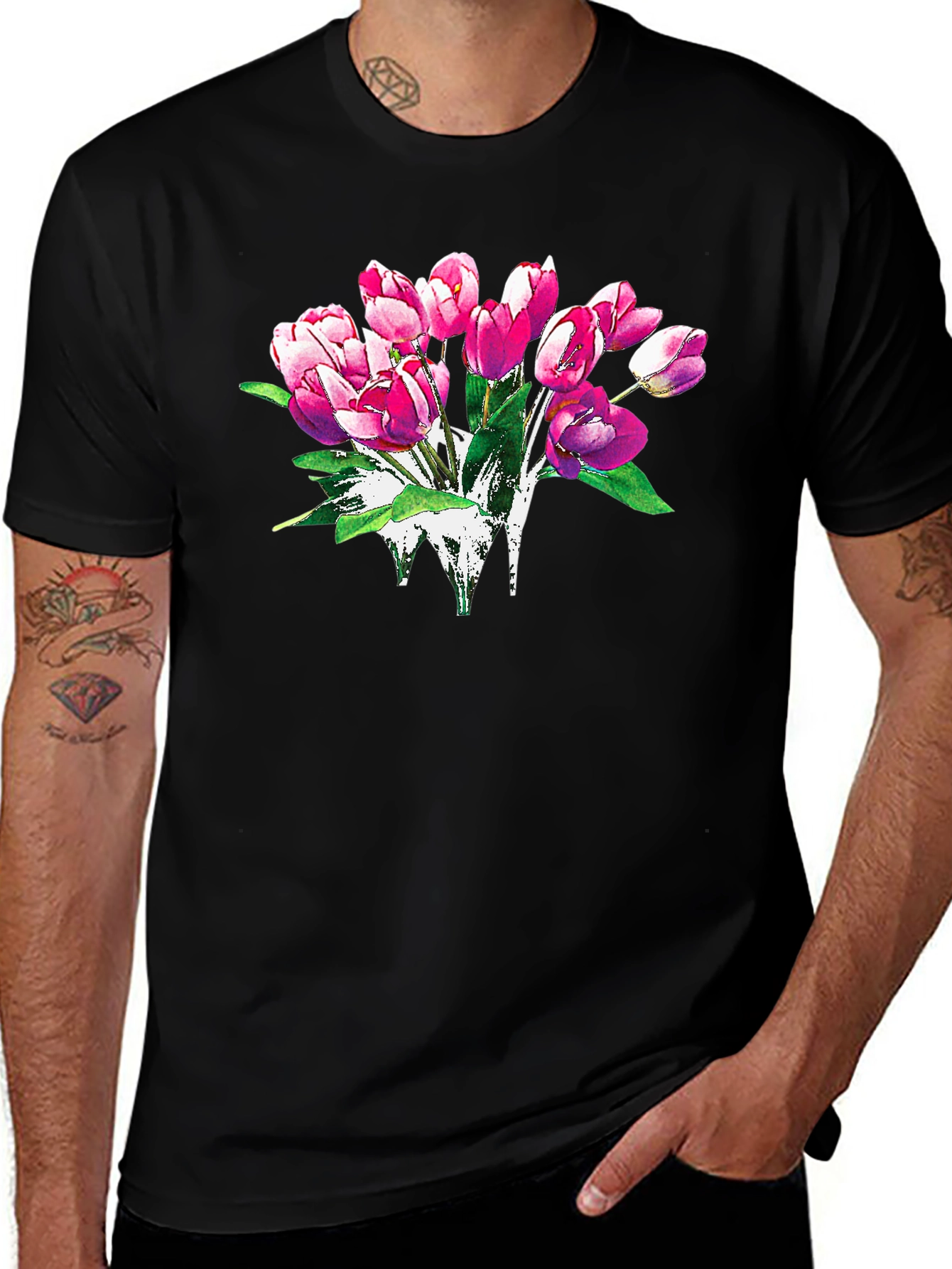 Floral Tulip Graphic Print Black T-Shirt