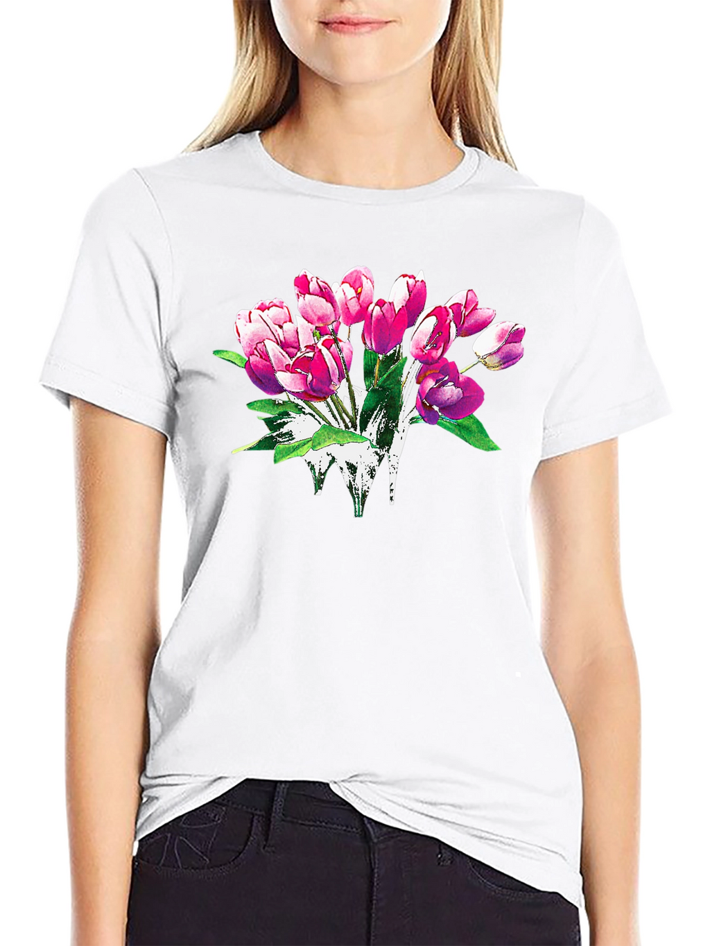 Floral Tulip Graphic Print Black T-Shirt